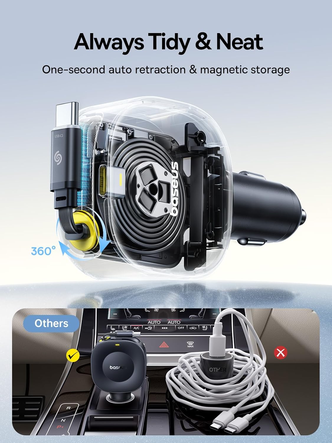 Baseus Ultra-Mini Retractable Car Charger USB C, 60W Fast Charging Car Charger with Retractable USB C Cable for iPhone 16 15 14 Pro Max, Samsung Galaxy S25 Ultra, Android, iPad, AirPods