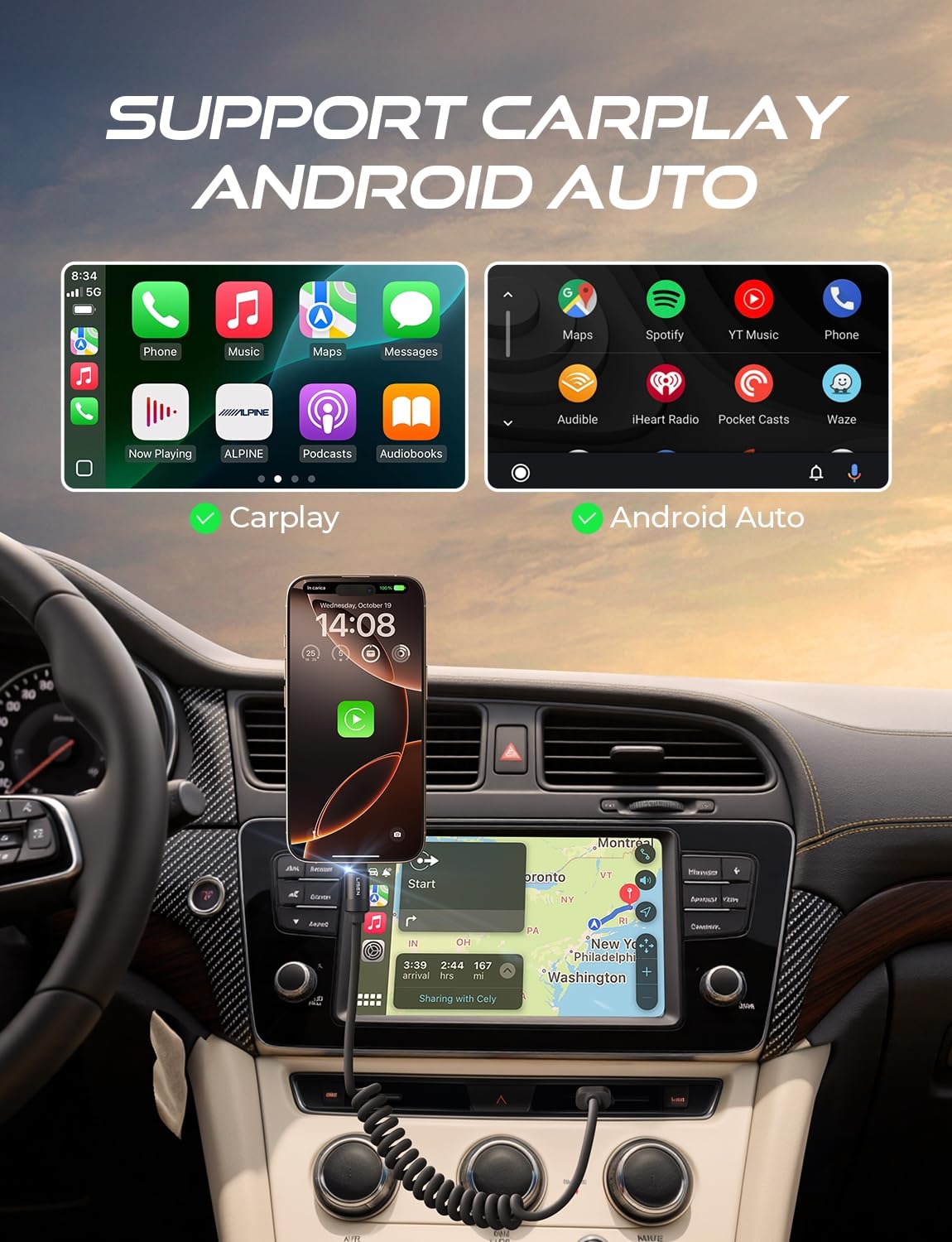 LISEN Coiled USB C Cable, 2 Pack for Android Auto & CarPlay Cable, 4FT Short USB A to USB C Cable Compatible with iPhone 16/15, Samsung Galaxy S25/S24/S23 A15/A14, Google Pixel 9/8, Moto, TCL-Black