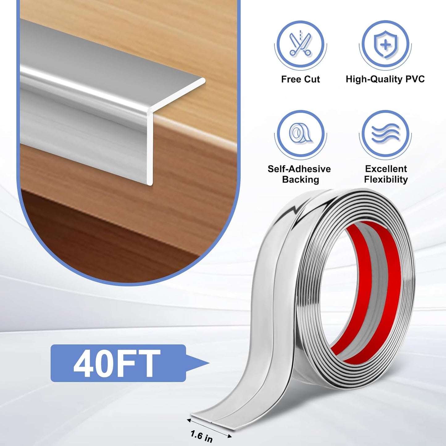 Wall Corner Protector Moulding Trim Peel and Stick Wall Corner Guards Trim Flexible Self Adhesive Edge Protector Moulding, 1.6 in x 40 Ft, Silver