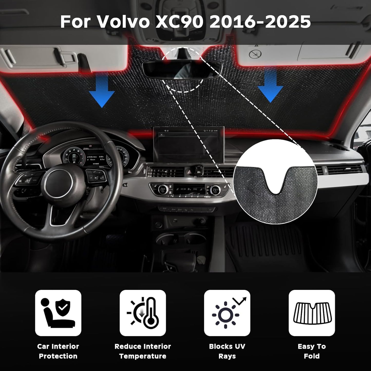 Windshield Sun Shade for Volvo XC90 2016-2025 - 5-Layer Bubble Foldable Front Window Shade Sun Visor Accessories - Blocks Heat & UV Rays