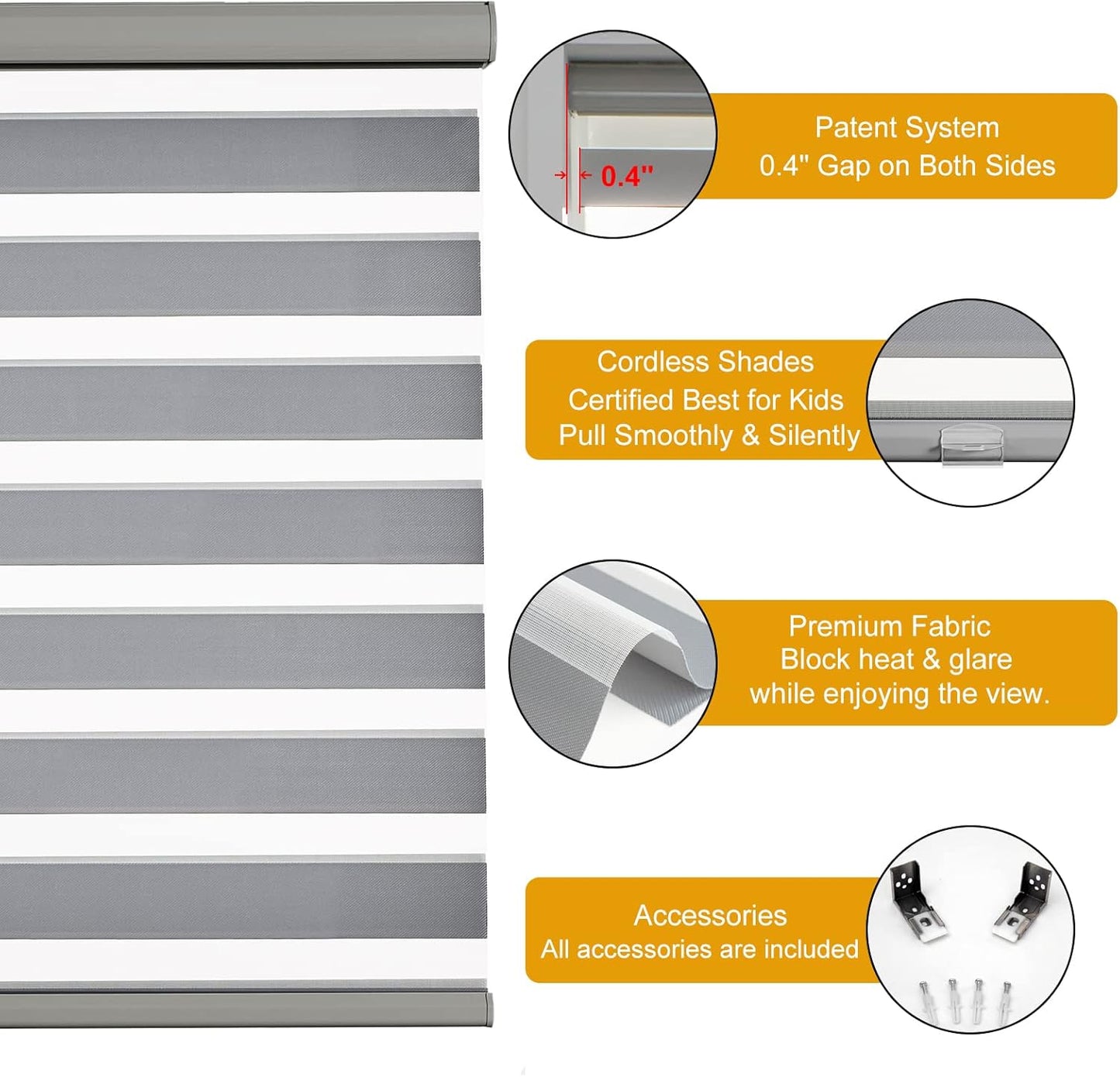 Persilux Cordless Zebra Shades (27" W X 64" H, Grey) Free-Stop Window Shades Dual Layer Light Control for Day and Night, Light Filtering Sheer Blinds for Windows, Easy to Install
