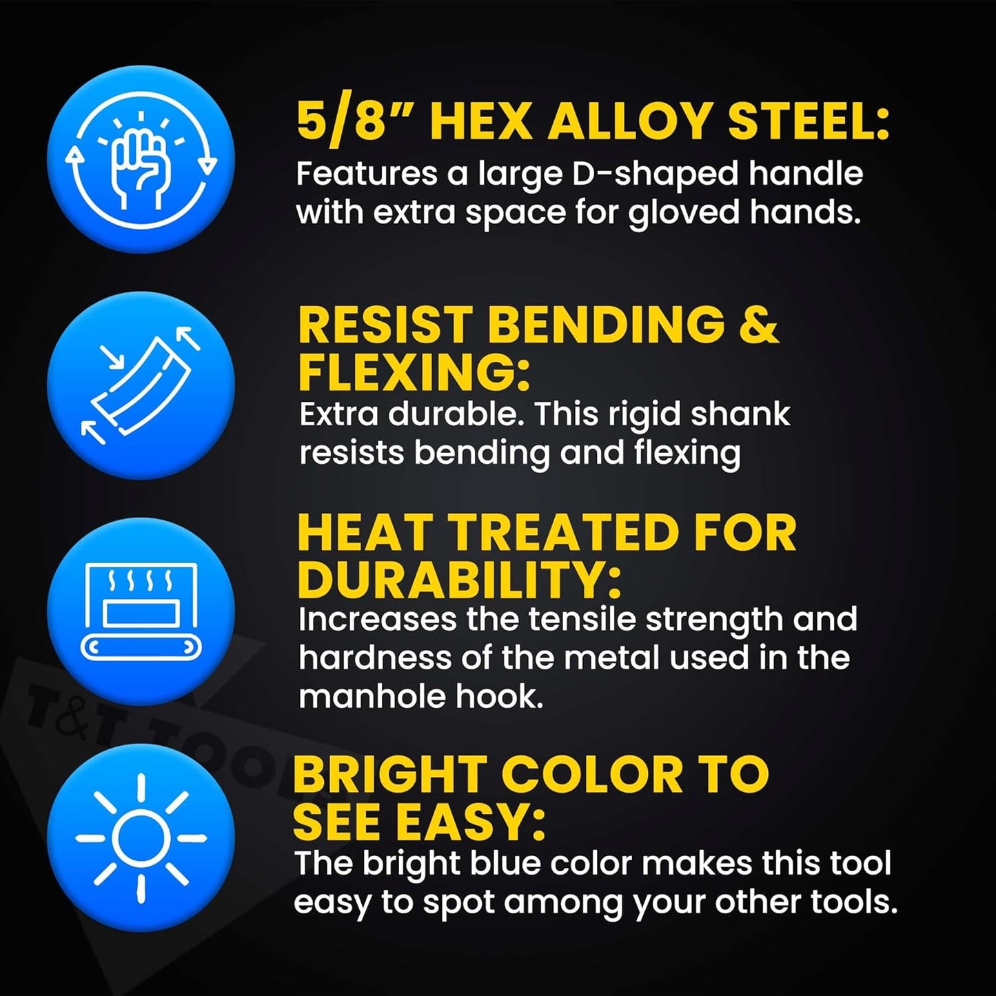 T&T Tools 30-Inch Manhole Hook - Heavy Duty Single Hook for Lifting Manhole Covers, Storm Drains, Septic Tank Risers - Rigid Hex Alloy Steel Tool for Lifting, Pulling, and Removing Covers - 1 Pack