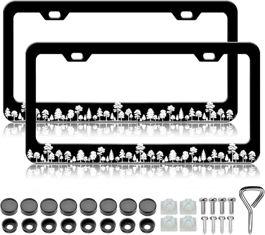 Forest License Plate Frames - 2 Pack Forest Tree Black Stainless Steel License Plate Holder,Rust-Proof Waterproof Car Decorative Tag Frame with Screws Fasteners Caps