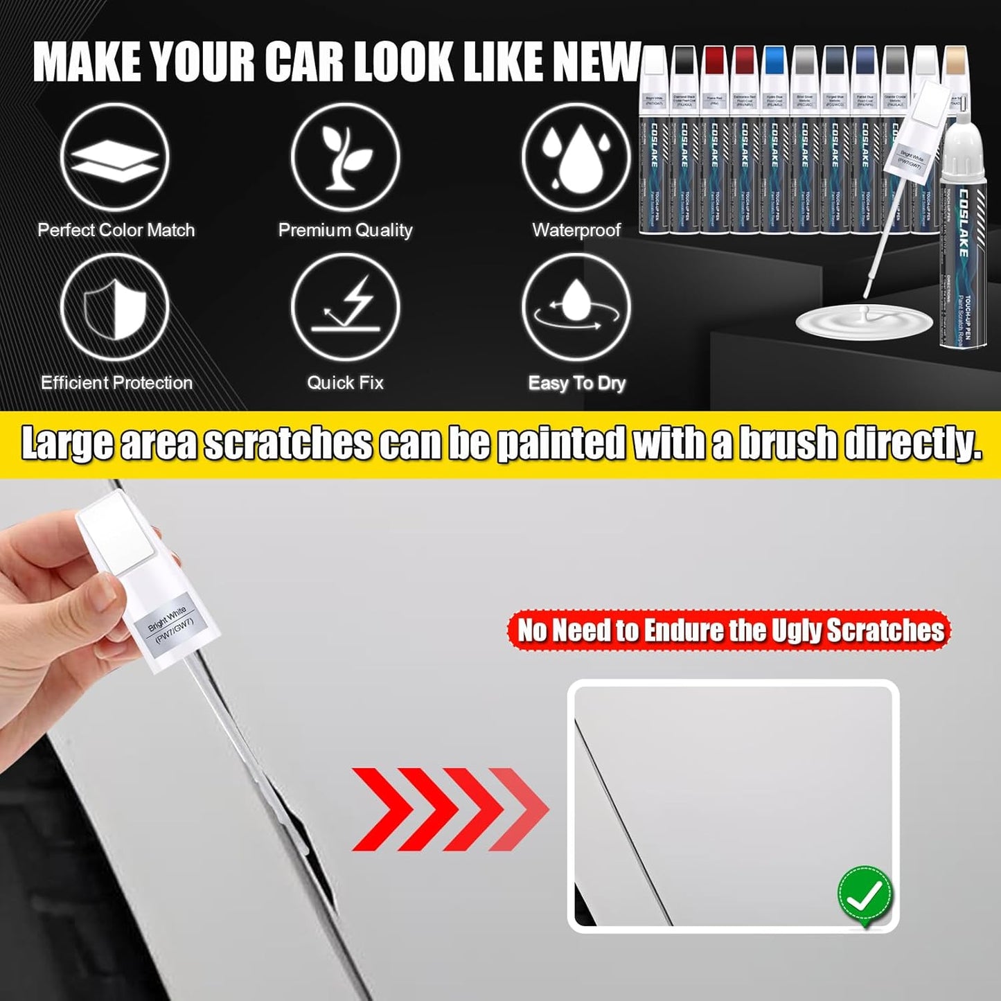 Car Touch Up Paint(Ivory White Tri-Coat Pearl-Coat(PWD/JWD)) for Dodge Ram, Car Paint Scratch Repair Kit, Quick & Easy Solution to Repair, 2 in 1 Scratch Remover Pen with 2PCS Disposable Micro Applicators
