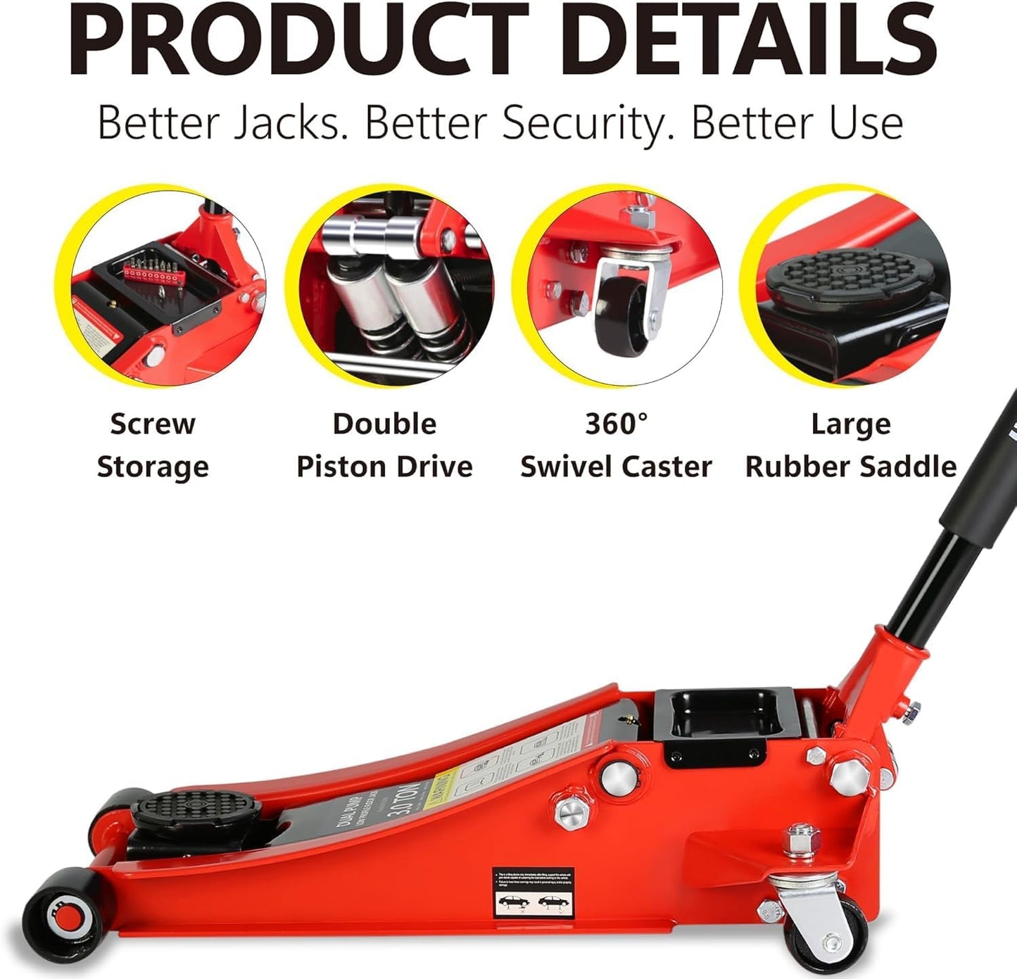 3 Ton Low Profile Floor Jack, Heavy Duty Floor Jack with Dual Pistons Quick Lift Pump, Steel Car Jack Adjustable Height 3.3"-18.5", Hydraulic Trolley Floor Jacks 3 Ton/6600 LB Capacity, Red