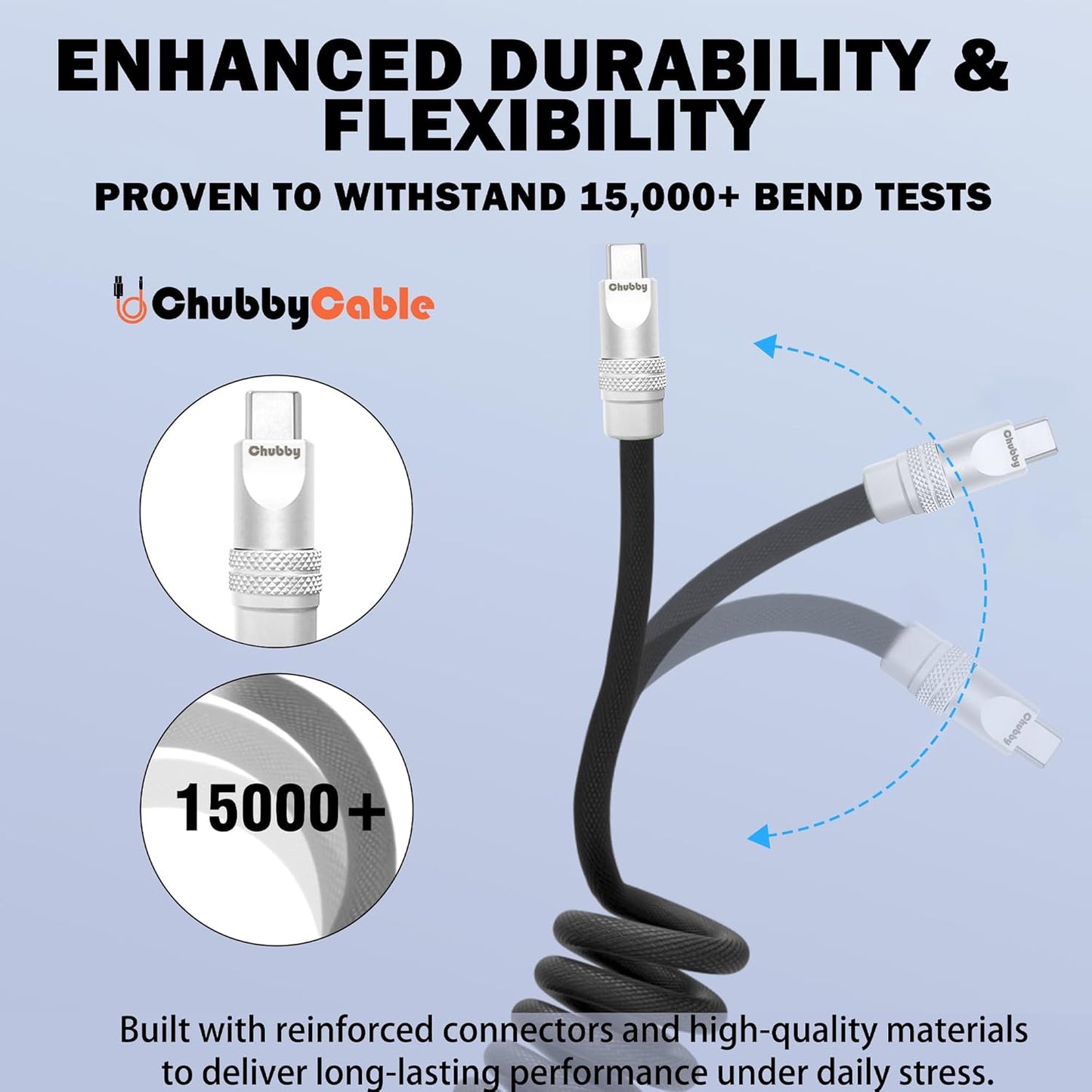 chubbycable Curly Chubby - Retractable Fast Charging Cable 240W Coiled Charger Cord for Car Durable USB-C Cable for Phones, Tablets and More, Pink, USB-A to Type-C, 1.3FT-2.3FT