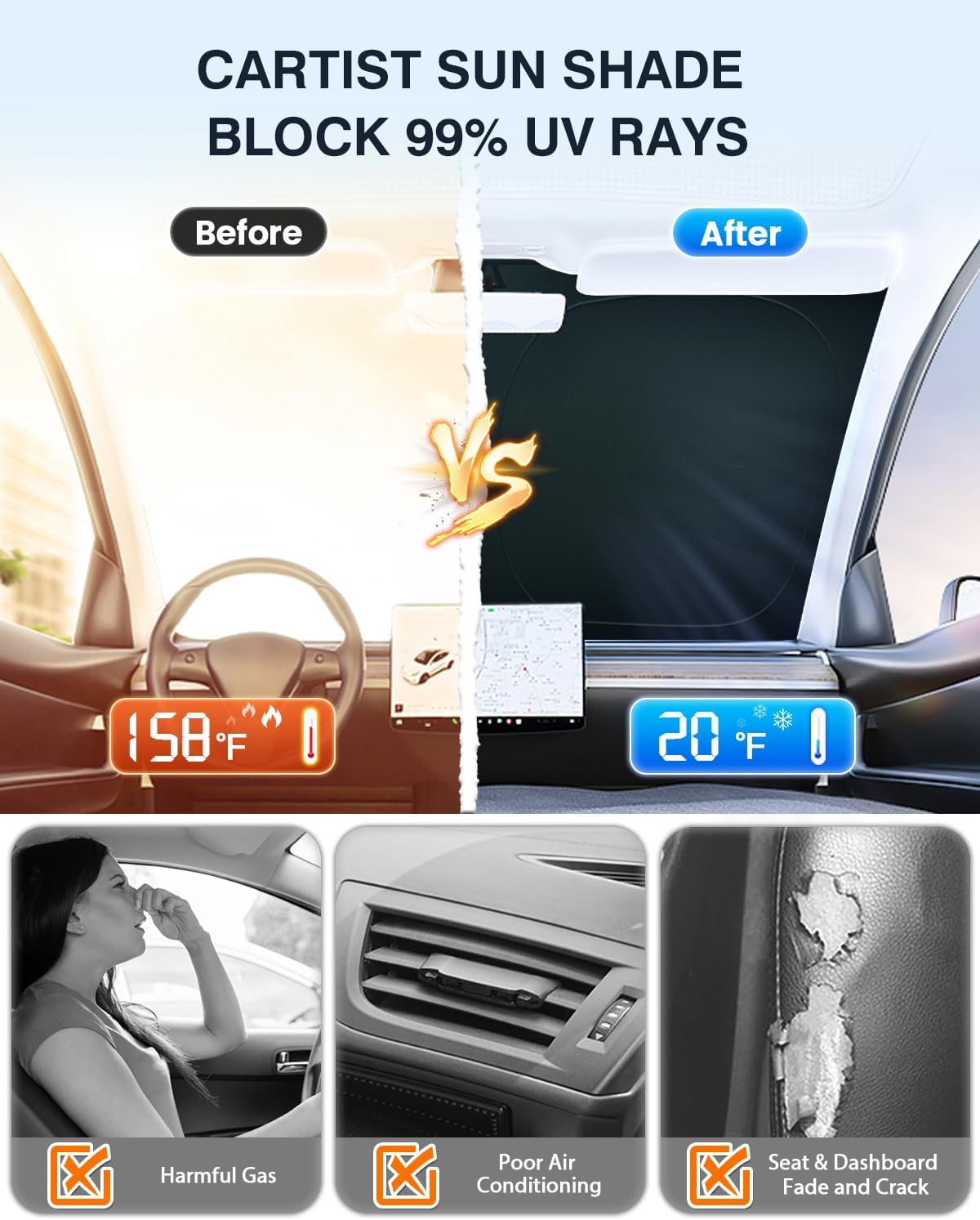 Cartist 5-Layer Windshield Sun Shade Custom Fit for Rivian R1T 2022-2025 2026 Accessories Foldable Car Front Window Sunshade Sun Visor Protector