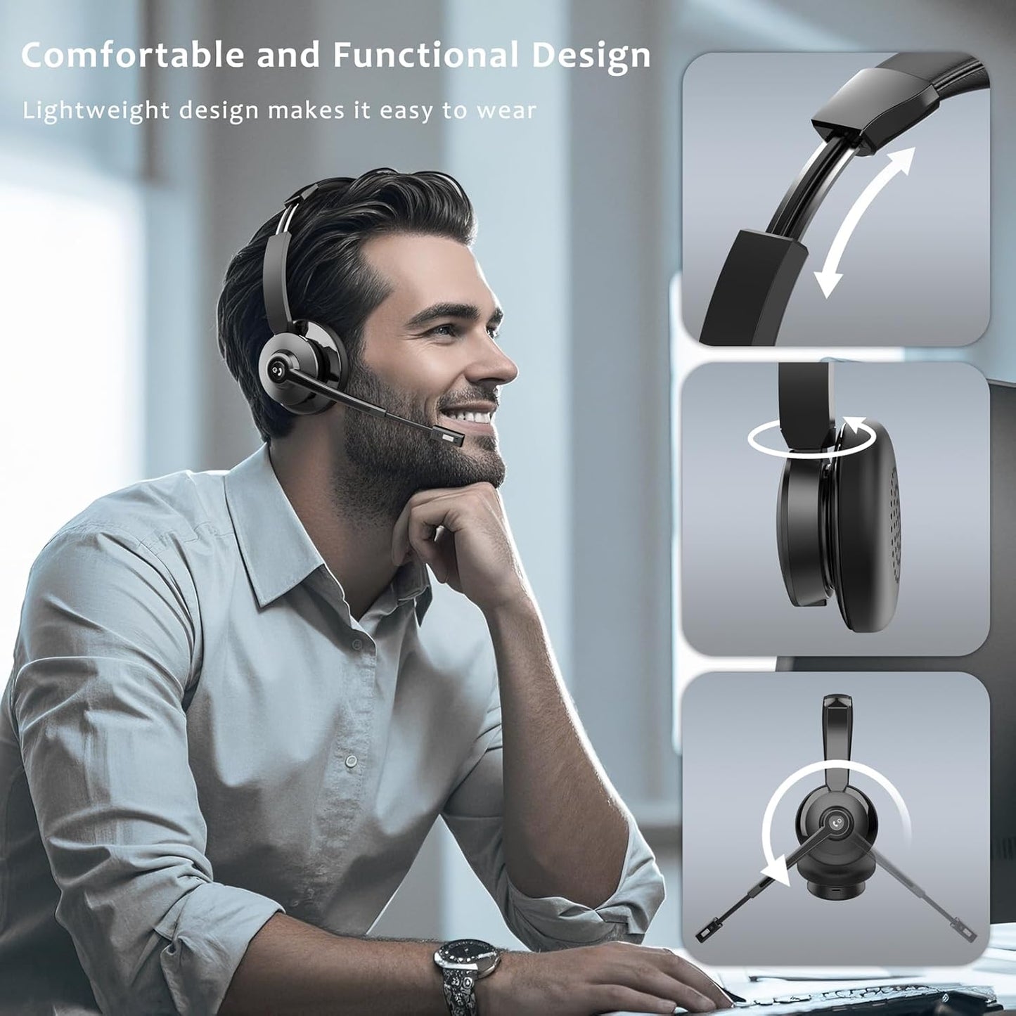Wireless Headset，Bluetooth Headset with Microphone Noise Cancellation Wireless Headphones with USB Dongle Connection and Microphone Mute for PC/Laptop/Smartphone/Teams/Home