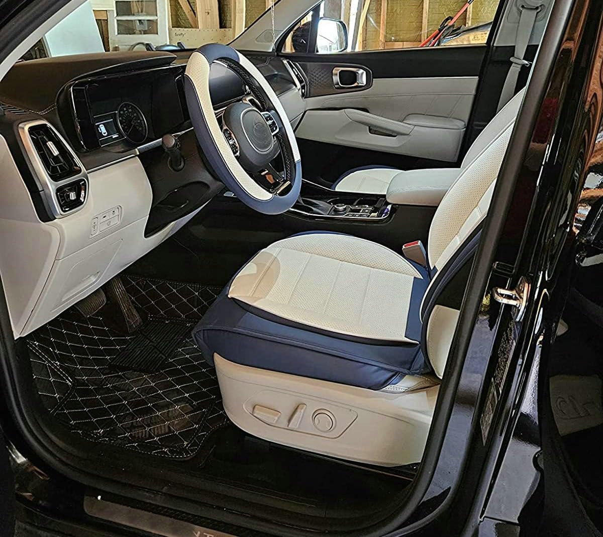 Custom Car Floor Mat Compatible with BMW Mercedes-Benz Toyota Cadillac Lexus Honda Infiniti Nissan Hyundai Kia Audi All Models Cars Sedans SUVs Automotive Mats (Edge White Middle Black White)