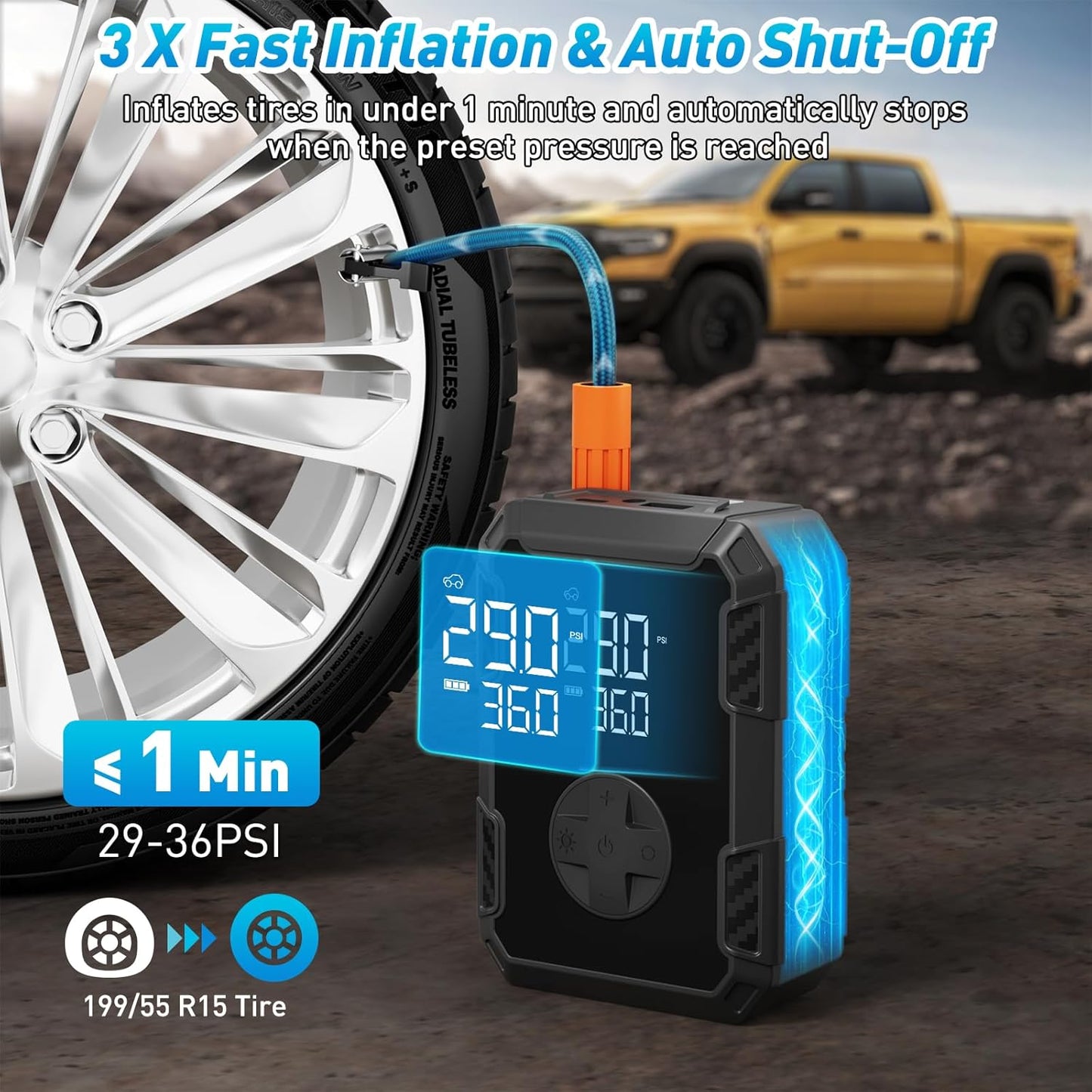Tire Inflator Portable Air Compressor – Wireless & 12V Dual Power, Auto Shut-Off, Digital Display, Fast Inflation & LED Light, for Car, Bike, Sports & Travel