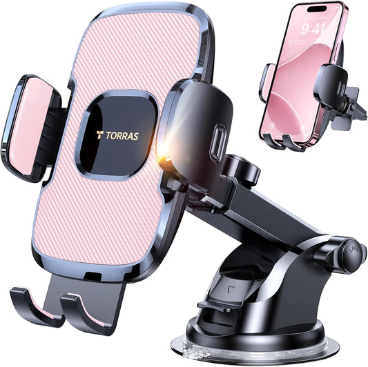 TORRAS Pink Phone Holders for Your Car【True Military-Grade & Strongest Suction】, Universal Car Phone Holder Mount Truck Cradle Stand for Dashboard Windshield Vent, Pink Car Accessories