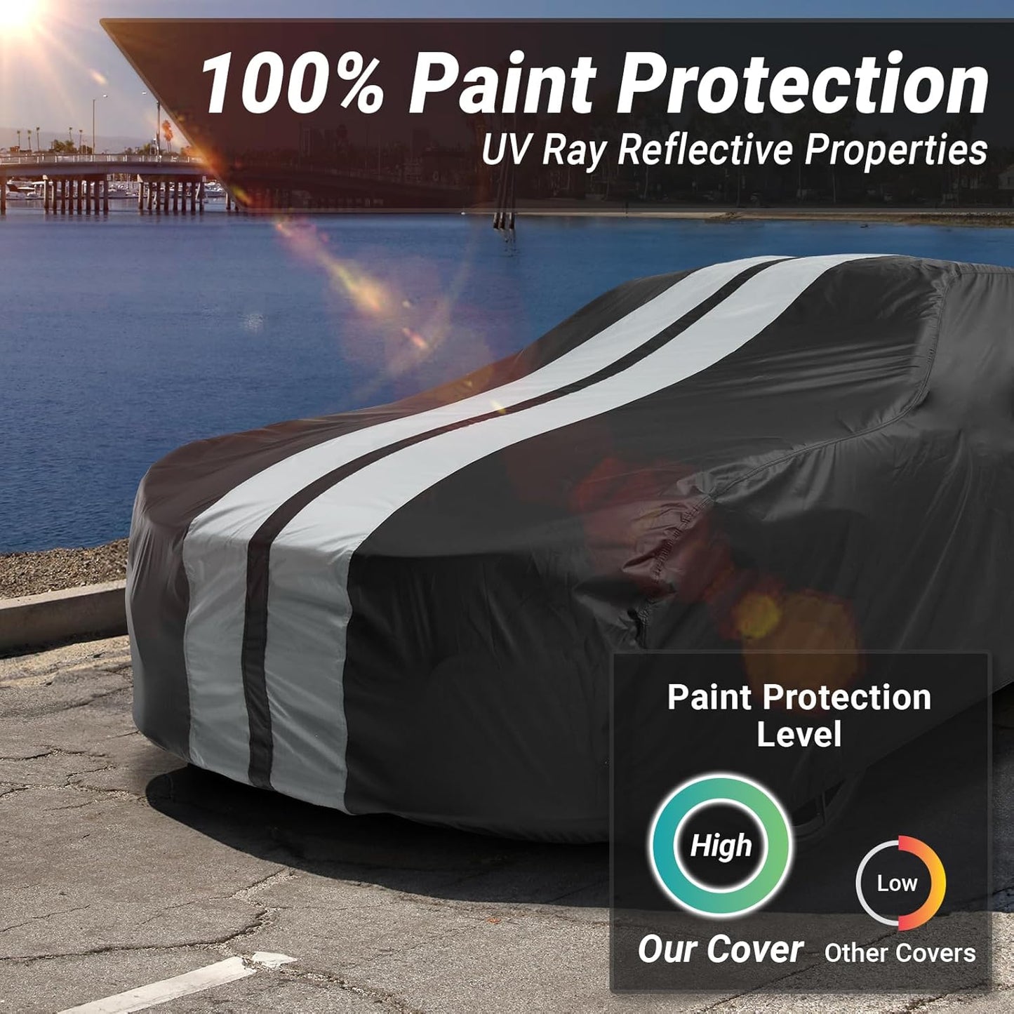 iCarCover Custom Car Cover for Chevy Sprint (1985-1992) Waterproof All Weather Rain Snow UV Sun Protector Full Exterior Indoor Outdoor Car Cover (Stripe - Black/Gray)