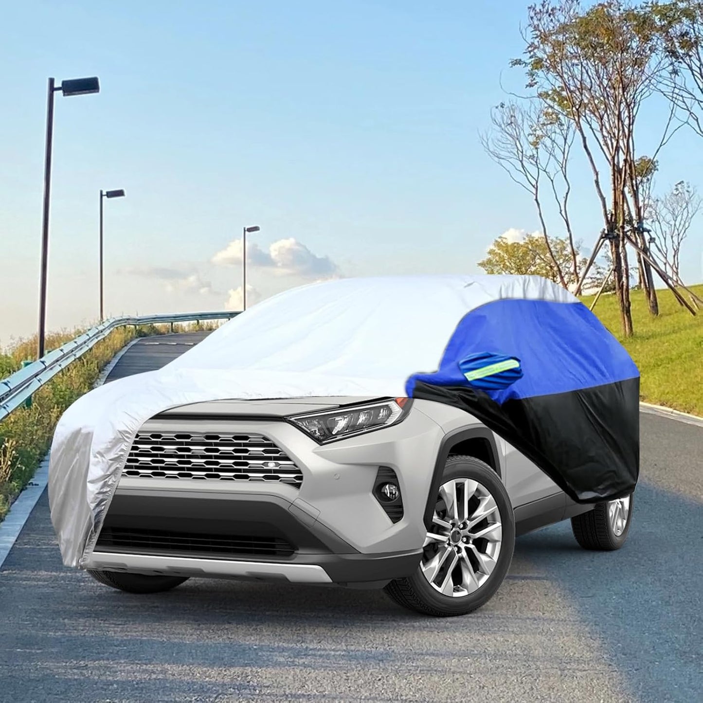 Car Cover for SUV Waterproof All Weather Snowproof UV Windproof Outdoor Full Car Jacket with Elastic Edges Adjustable Straps, Outdoor Heavy Duty Full Exterior Covers for SUV