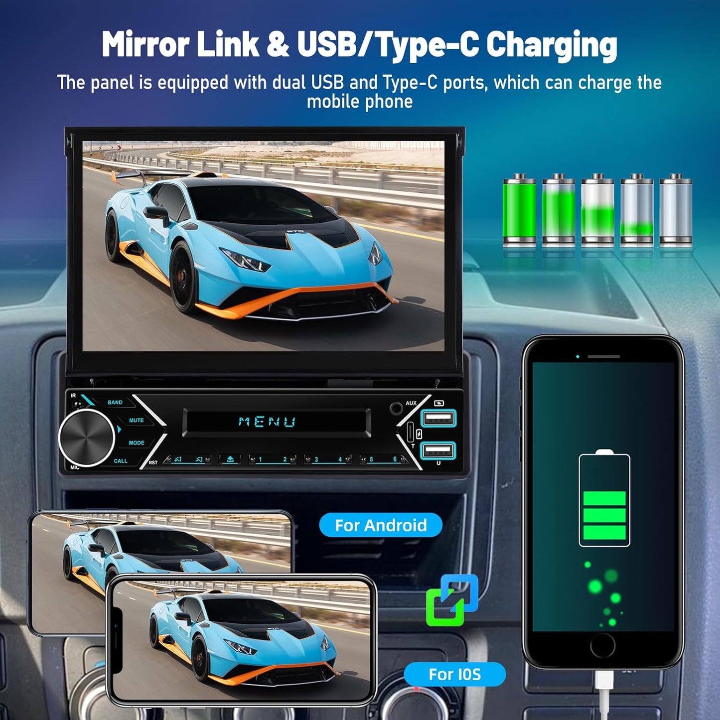 Single Din Car Stereo with Wireless Carplay and Android Auto - 7 Inch Automatic Flip Out Touchscreen Car Radio - Bluetooth/Mirror Link/SWC/FM + 12leds Backup Camera