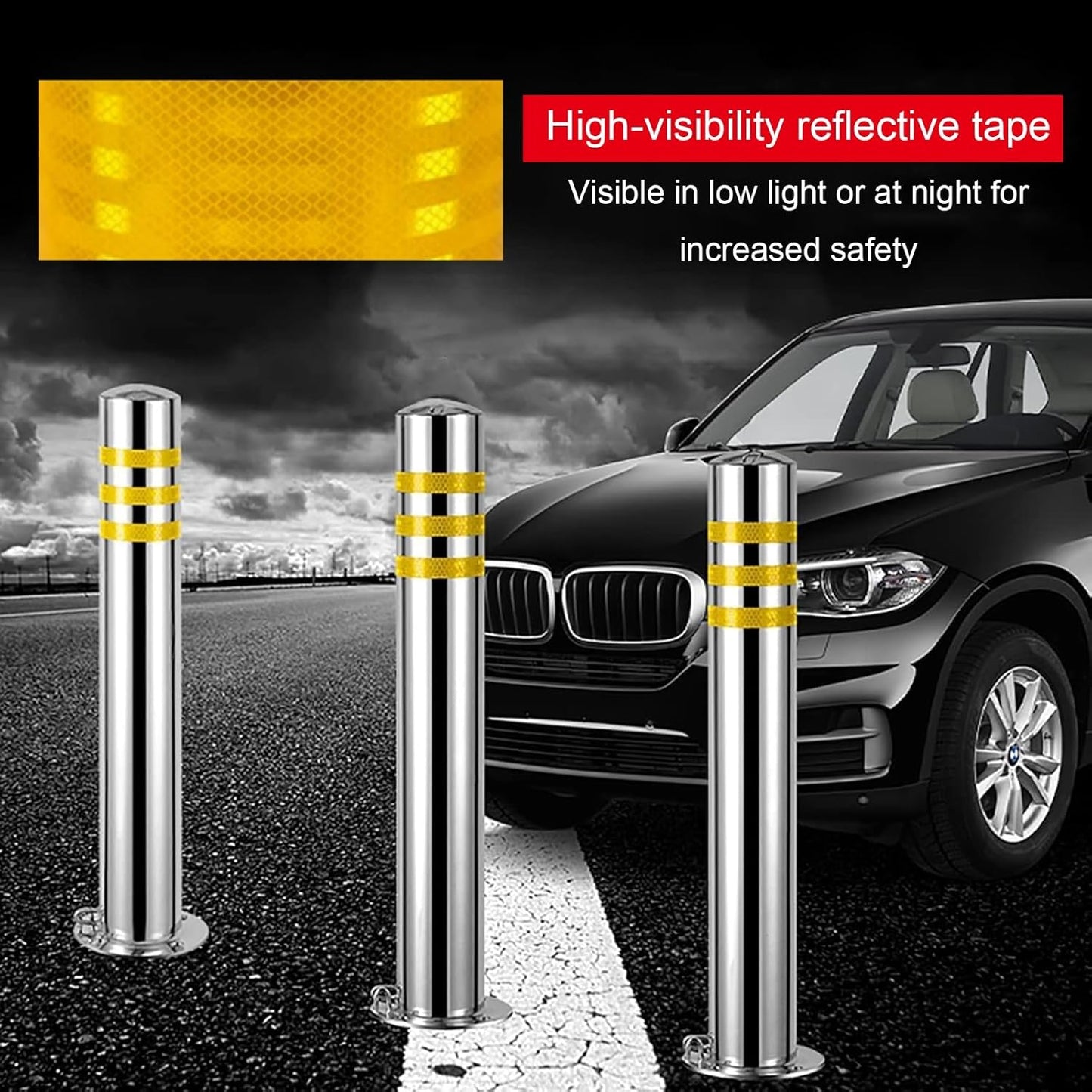 Stainless Steel Parking Bollards for Driveway, Industrial Safety Bollards Reflective Channelizer Post, Parking Barrier, Sturdy and Durable, Easy to Install, for Crowd Control(Silver (1pcs),8.9*60cm/3.