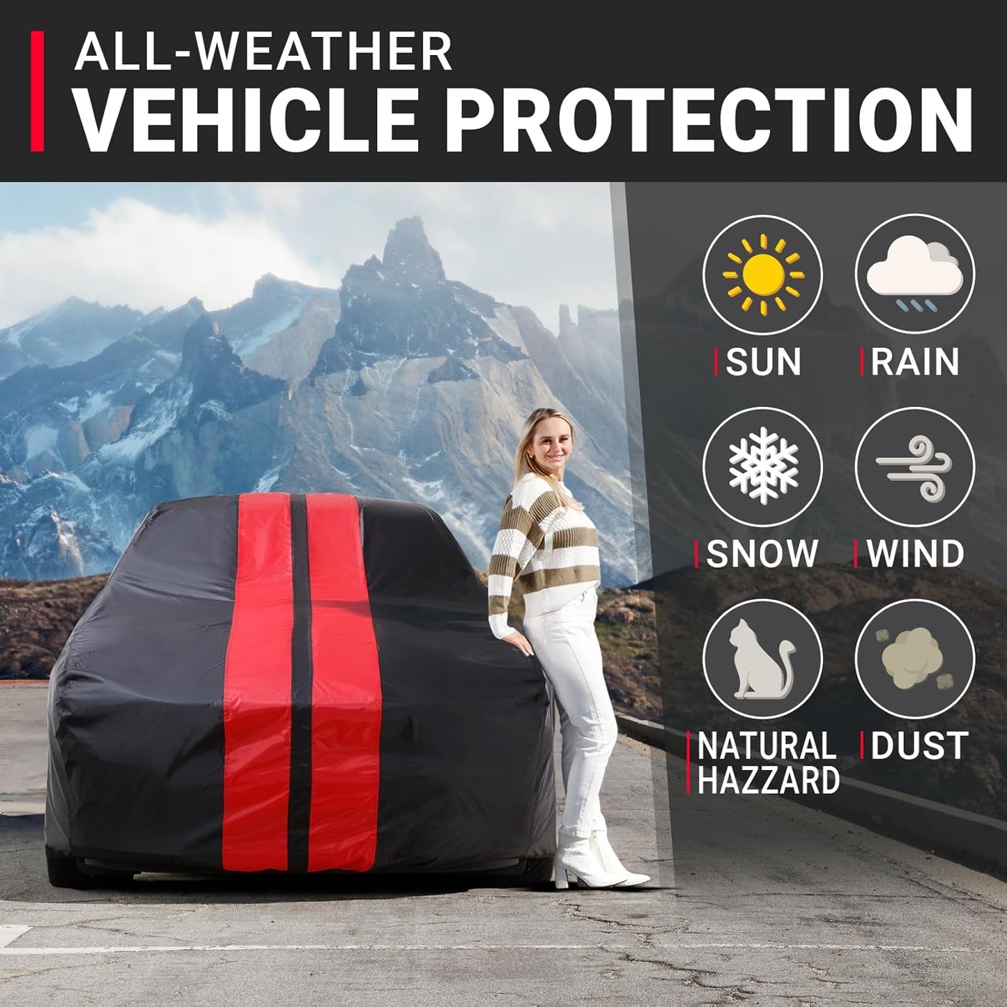 iCarCover Custom Car Cover for Chevy Nova 4-Door Sedan (1985-1988) Waterproof All Weather Rain Snow UV Sun Protector Full Exterior Indoor Outdoor Car Cover (Stripe - Black/Red)