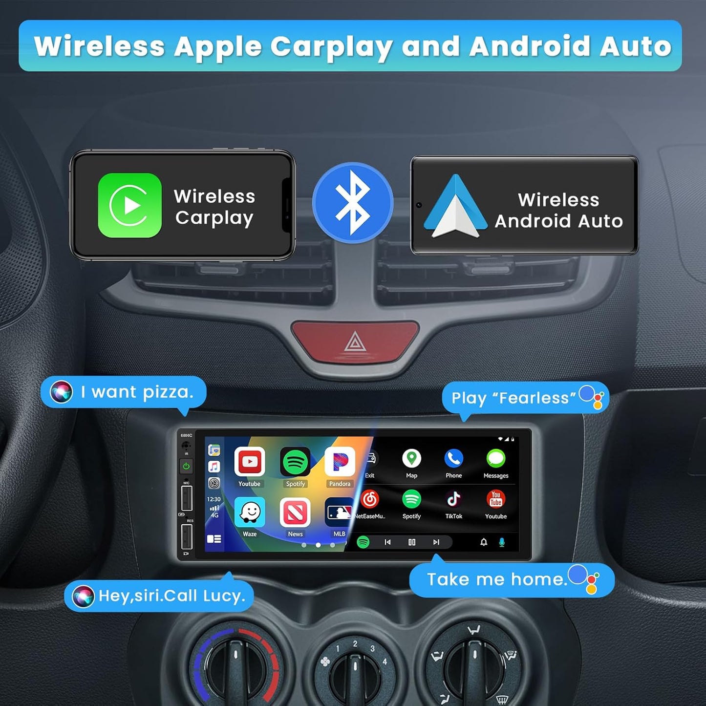 6.9 Inch Single Din Car Stereo with Carplay Android Auto, HD Touchscreen with Bluetooth FM Radio EQ SWC Dual USB Port with Backup Camera MIC MP5 Player Car Audio Receiver