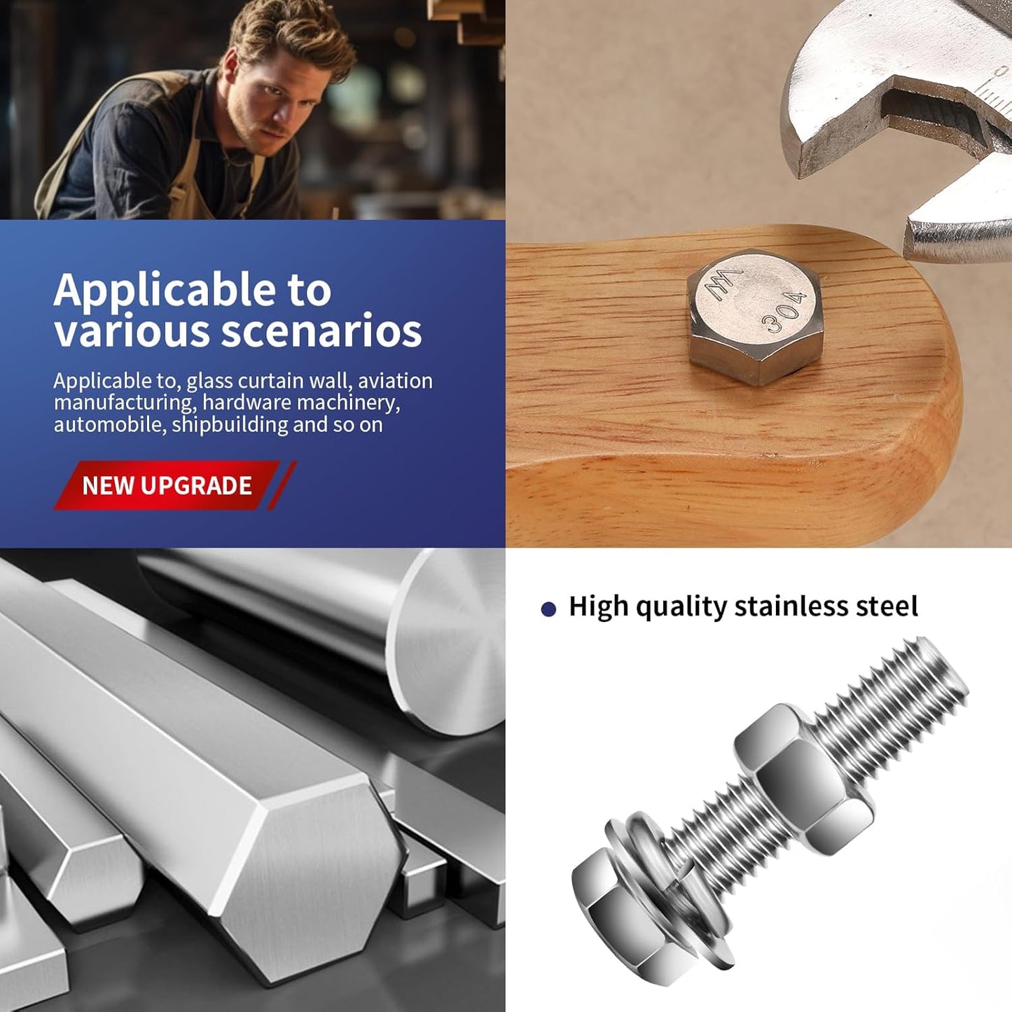 5/16-18 x 1-1/4" Hex Head Screw Bolt, Nuts, Flat & Lock Washers, 20Pcs 18-8 (304) Stainless Steel, Fully Threaded, by SG TZH
