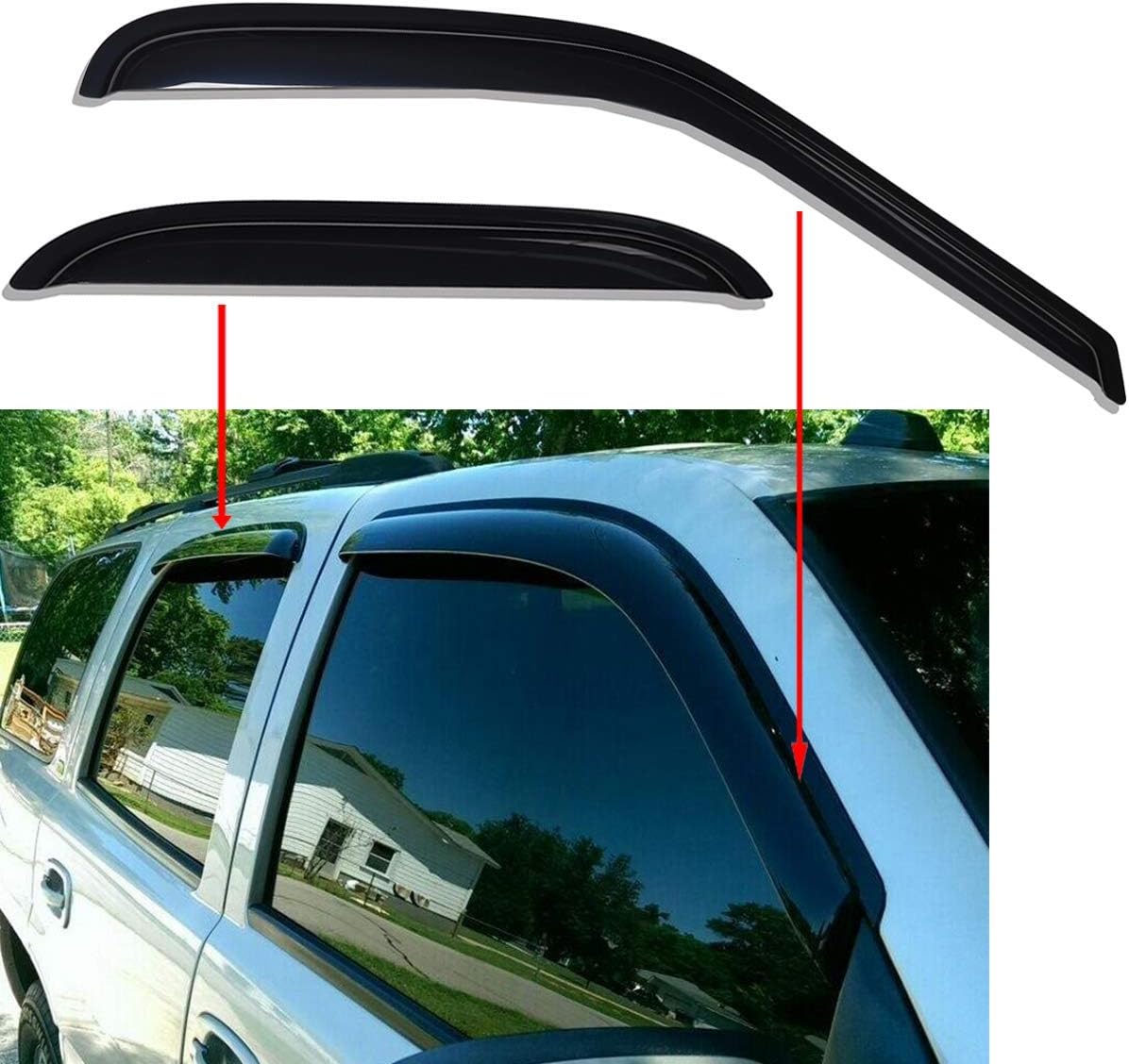 Lightronic Extra Durable Tape-on Auto Vent Window Visor, Fit 2000-2006 Chevrolet Tahoe & GMC Yukon, 2001-2006 Yukon Denali, 2002-2006 Cadillac Escalade, Original Wind Deflector Rain Guard, Smoke, 4Pcs