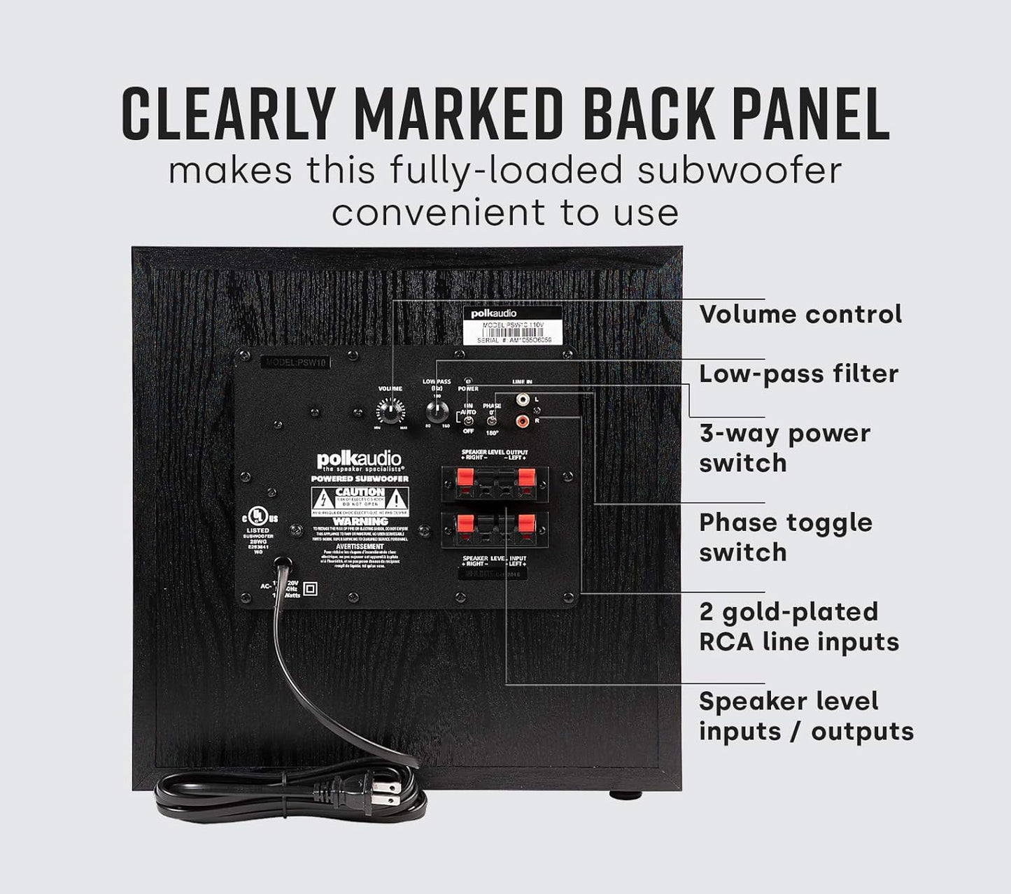 Polk Audio PSW10 10" Powered Subwoofer – Power Port Technology, Up to 100 Watts, Big Bass in Compact Design, Easy Setup with Home Theater Systems, Timbre-Matched with Monitor & T-Series Polk Speakers