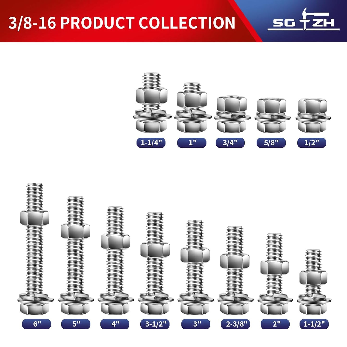 3/8-16 x 5" Hex Head Screw Bolt, Nuts, Flat & Lock Washers, 20Pcs 18-8 (304) Stainless Steel, Fully Threaded, by SG TZH