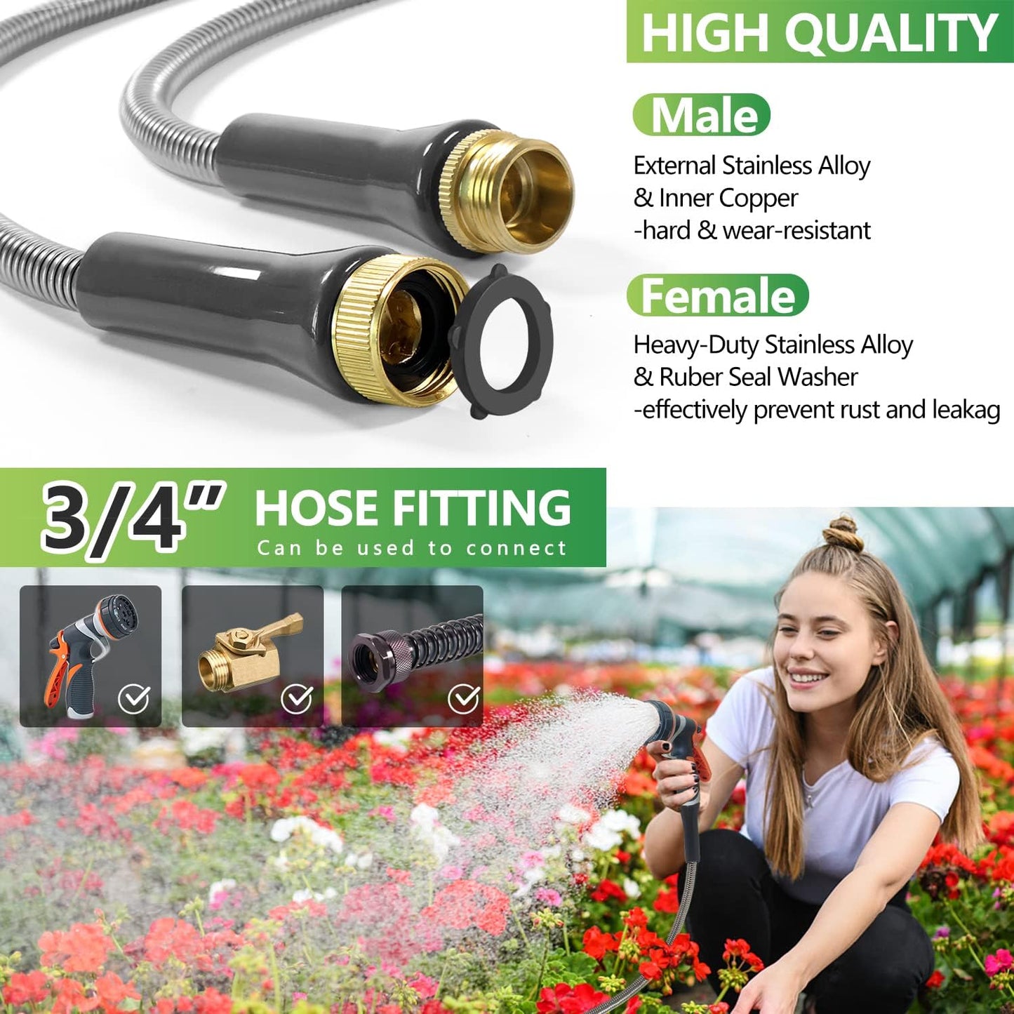 Lightweight Stainless Steel Garden Hose 25Ft – Kinkless Flexible Metal Water Hose - Thorn Proof Steel Hose with Solid Fittings for Garden, Outdoor Use (25ft)