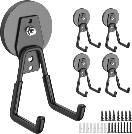 4Pcs Heavy Duty Storage Magnetic Utility Hooks Large Garage Strong Extra Magnet Hooks Hanger with Anti-Slip Coating Heavy Duty Magnetic Hooks for Hanging Power Dril Garage Garden Tools Black