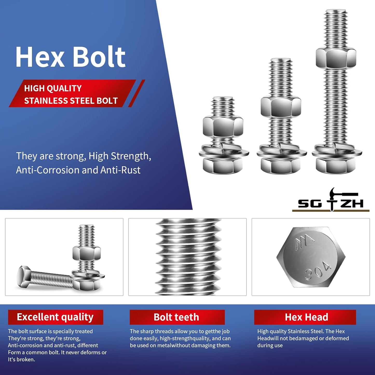 5/16-18 x 1-1/4" Hex Head Screw Bolt, Nuts, Flat & Lock Washers, 20Pcs 18-8 (304) Stainless Steel, Fully Threaded, by SG TZH