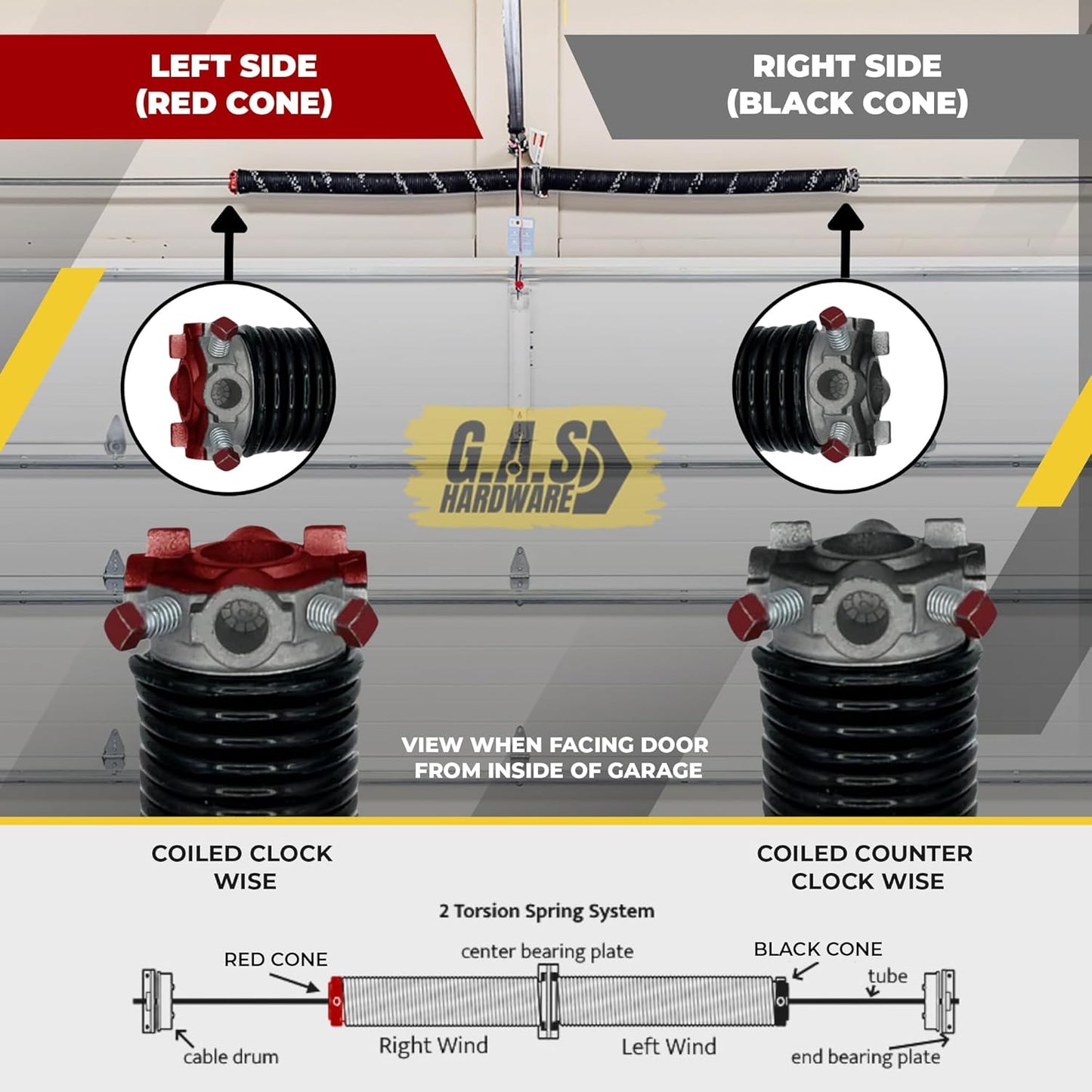 Garage Door Torsion Spring 207x2x22 Torsion Springs for Left Side of Garage Door with 1" Steel Bearing, Gloves, and Winding Bars Precision E-Coating 5-Year Warranty Minimum 30,000 Cycles (Red Cone)