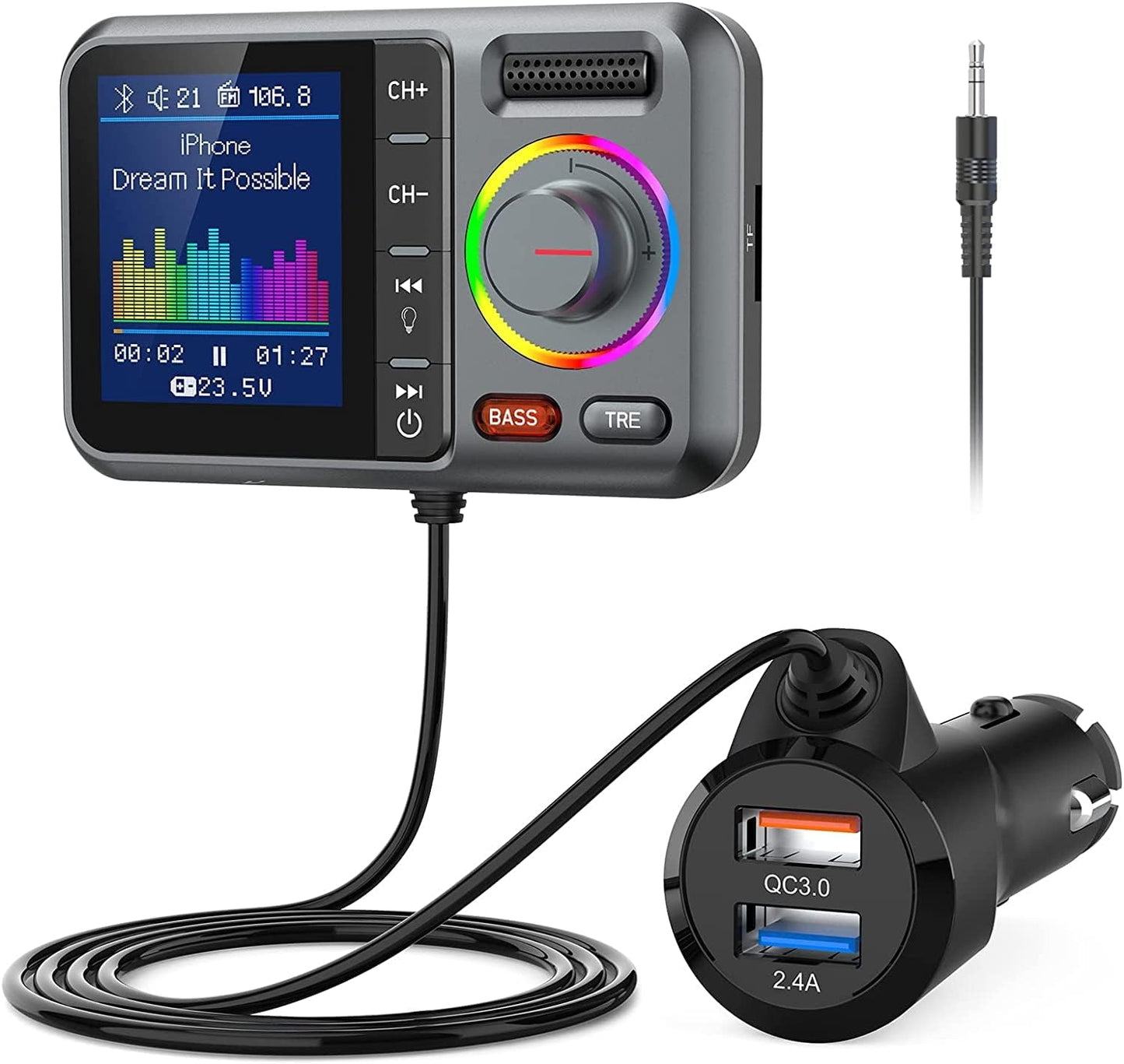 Nulaxy Bluetooth FM Transmitter for Car, Wireless Car Bluetooth Adapter with Big Color Screen, Support QC3.0 Fast Charging, Hands-Free Call, MP3 Music Player BASS&TRE Booster, TF Card AUX-KM28 Grey