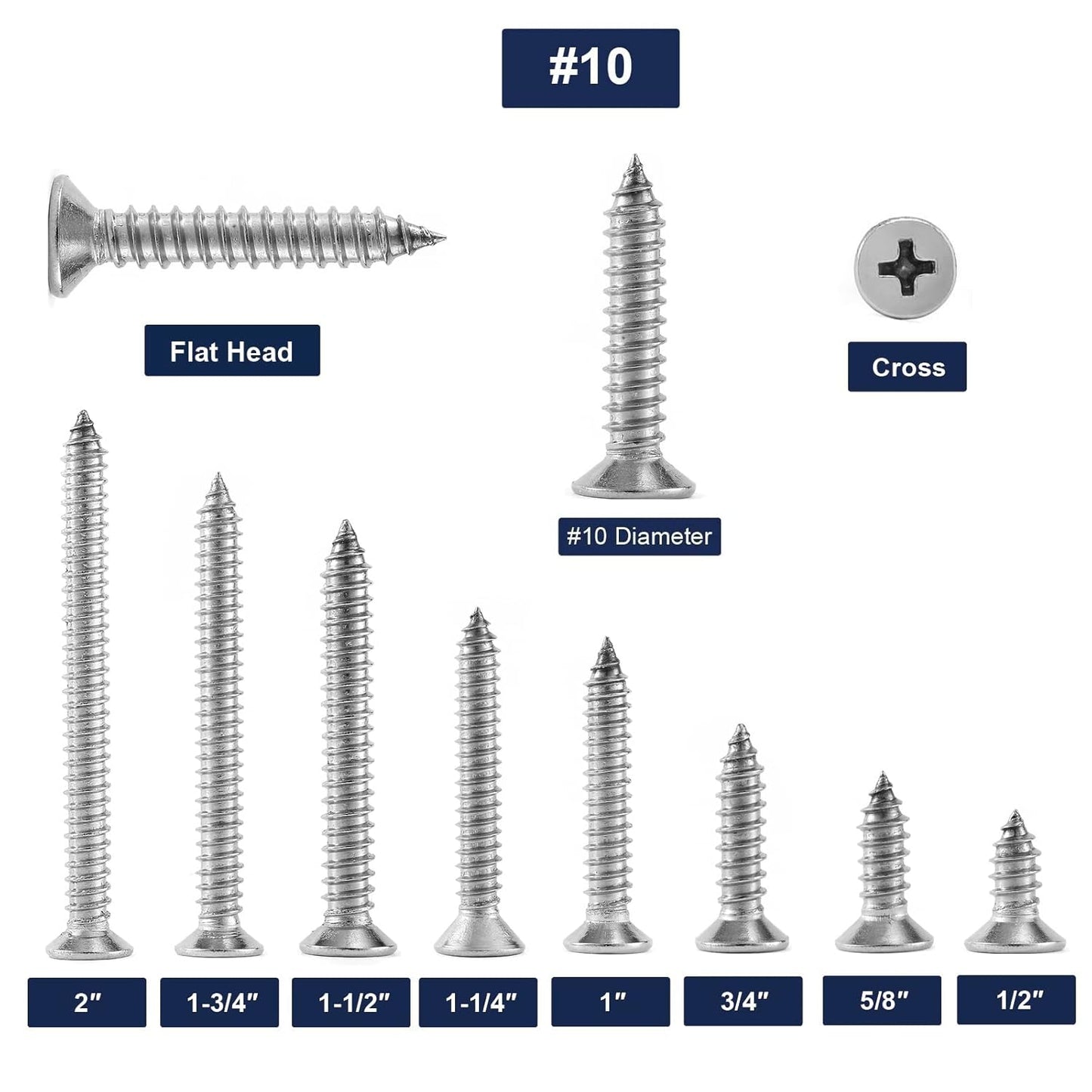 #10 x 5/8" Wood Screw 100Pcs 18-8 (304) Stainless Steel Screws Flat Head Phillips Fast Self Tapping Drywall Screws by SG TZH