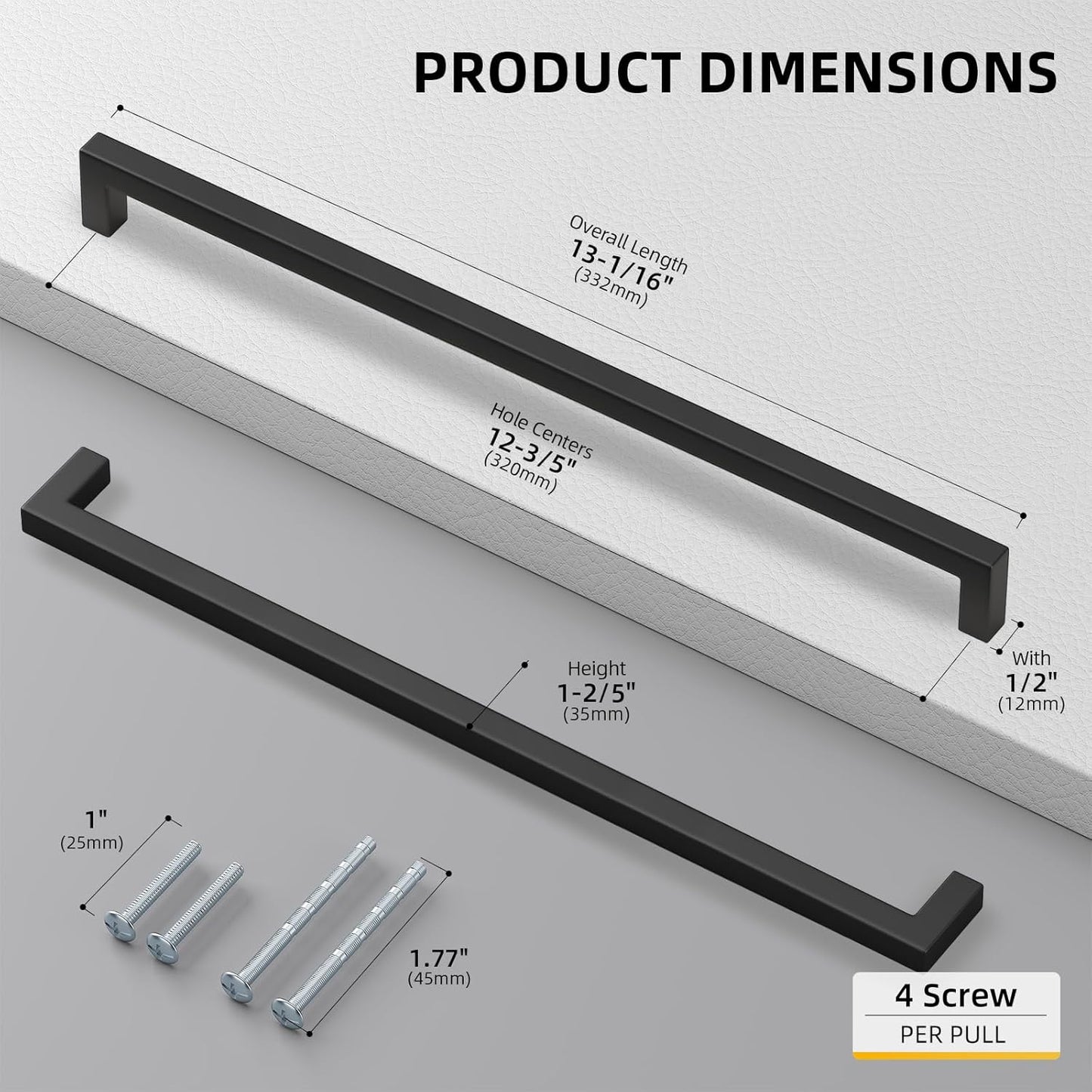 goldenwarm 200 Pack 12 3/5 Inch Black Cabinet Handles Matte Black Drawer Pulls Stainless Steel Cabinet Hardware Square Bar Modern Cabinet Handles for Kitchen Bathroom Cupboard