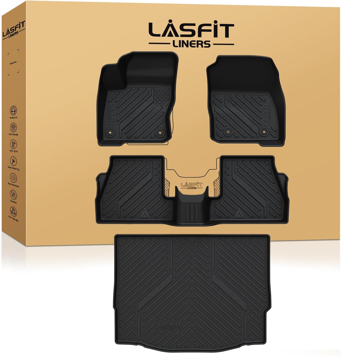 LASFIT Floor Mats and Cargo Liner for Ford Focus 2012-2018(Fit for Hatchback & Gasoline) and Focus RS 2016-2018 All Weather Custom Fit TPE Car Floor Liner, 1st & 2nd & Trunk Mat Combo Set, 4pcs Black