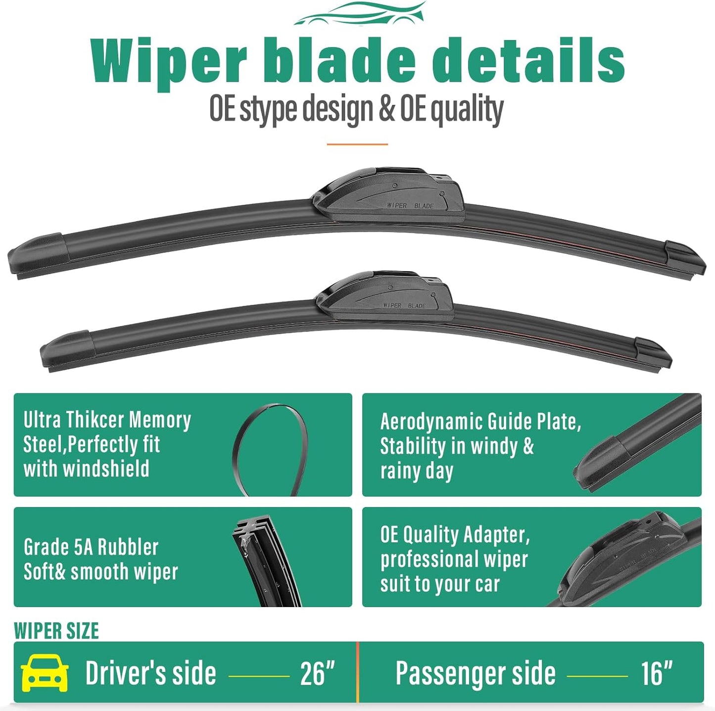 26" 16" 14" Windshield Wiper Blades Replacement for Honda CRV CR-V 2007 2008 2009 2010 2011 Premium All Weather Front Rear Wipers Set - OEM Quality (Pack of 3)