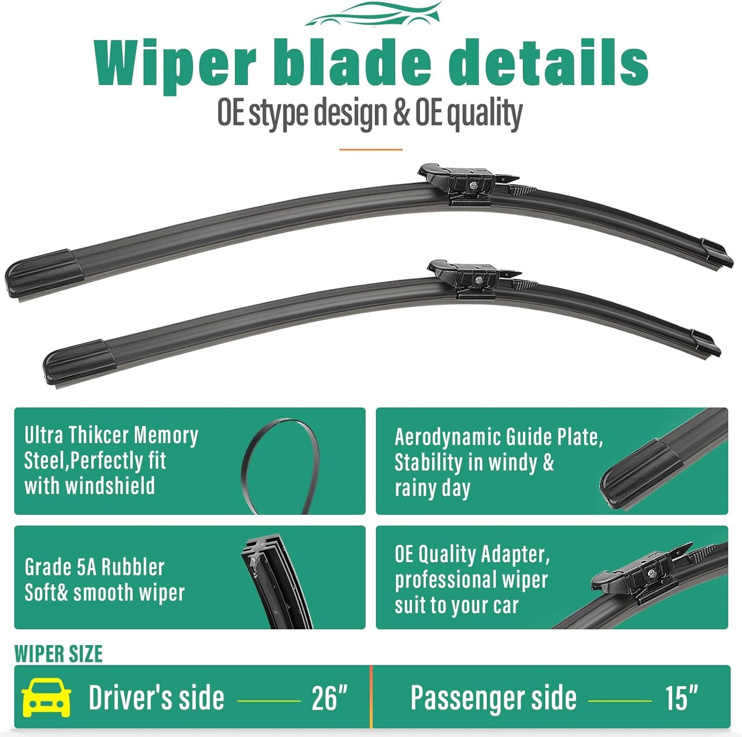 26" 15" 11" Windshield Wiper Blades Replacement for Chevrolet Chevy Sonic 2012 2013 2014 2015 2016 2017 Premium All Weather Front Rear Wipers Set - OEM Quality (Pack of 3)