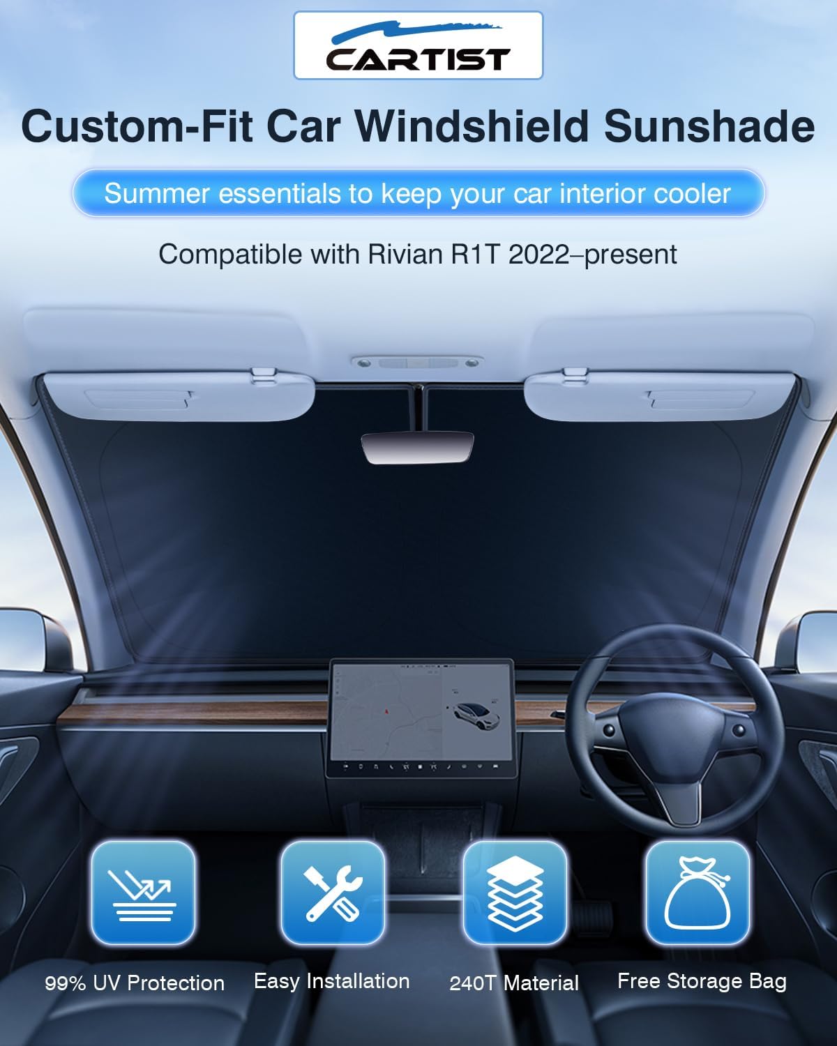 Cartist 5-Layer Windshield Sun Shade Custom Fit for Rivian R1T 2022-2025 2026 Accessories Foldable Car Front Window Sunshade Sun Visor Protector