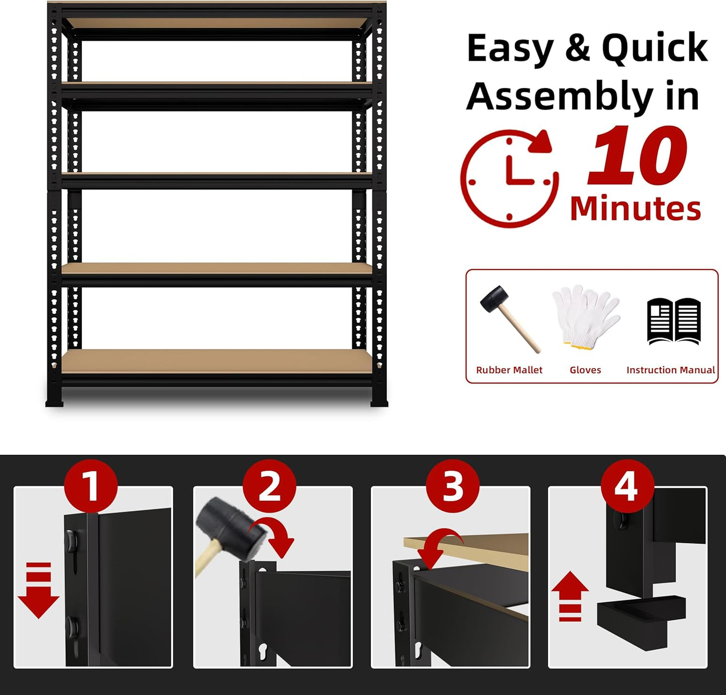 5-Shelf Heavy Duty Shelving - Adjustable Garage Storage Shelves, Metal Utility Storage Racks for Warehouse Pantry Basement Kitchen, Garage Organizers Shef Unit, Black, Packs of 4