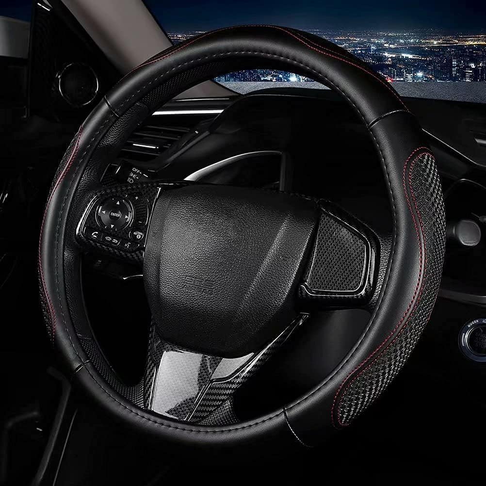 Leather - Car Steering Wheel Cover 15 inch Universal Fit Microfiber Steering Wheel Cover Anti-Slip, Soft, Breathable, Full Surround Car Wheel Cover (Red)