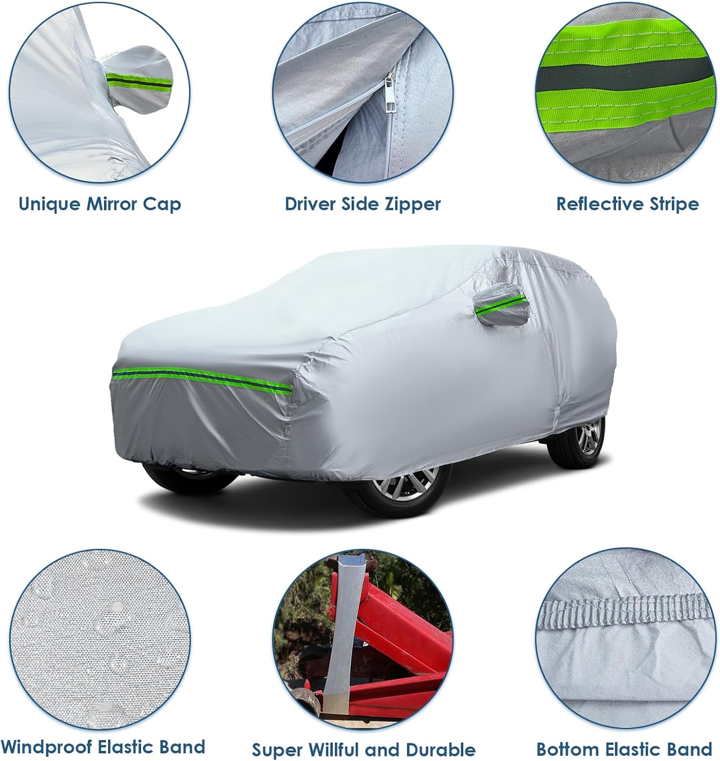 AUQDD 6-Layers Premium Sedan Car Cover Waterproof All Weather Weatherproof UV Sun Protection Snow Dust Storm Resistant Outdoor Exterior Custom Form-Fit Full Padded Car Cover with Straps 165"-181" K1