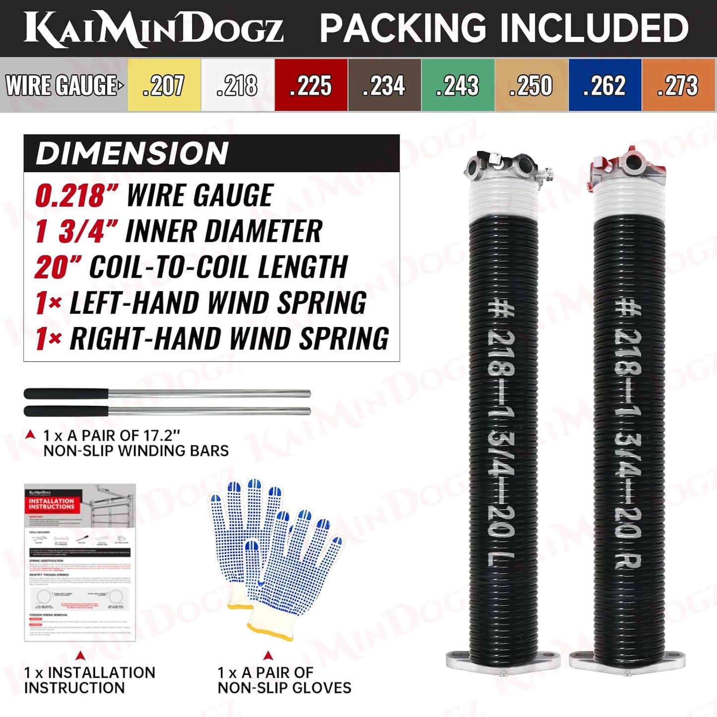 Pair of 1.75" Garage Door Torsion Springs Set with Non-Slip Winding Bars&Gloves, High Precision Electrophoresis Oil-Free Black Coated for Replacement, MIN 16,000 Cycles (0.218 x 1.75"x 20")