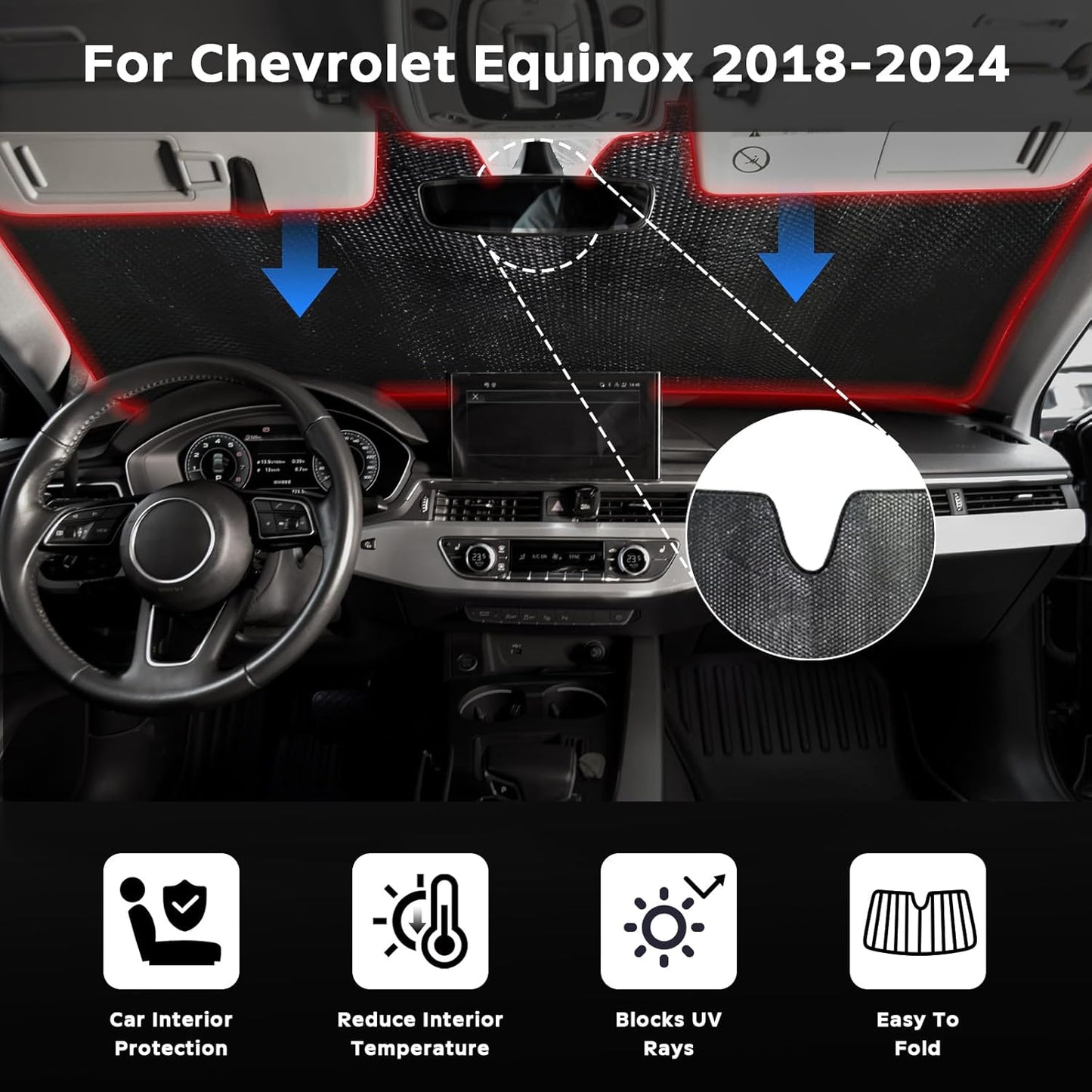 Windshield Sun Shade for Chevrolet Chevy Equinox 2018-2024 (Not for Equinox EV) - 5-Layer Bubble Foldable Front Window Shade Sun Visor Accessories - Blocks Heat & UV Rays