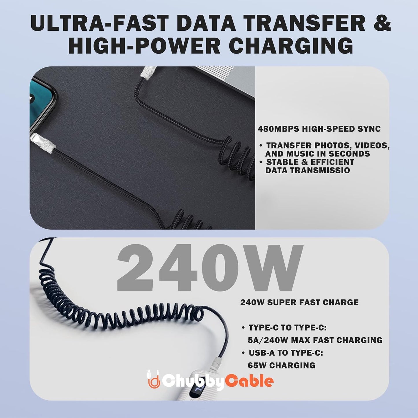 chubbycable Curly Chubby - Retractable Fast Charging Cable 240W Coiled Charger Cord for Car Durable USB-C Cable for Phones, Tablets and More, Pink, USB-A to Type-C, 1.3FT-2.3FT