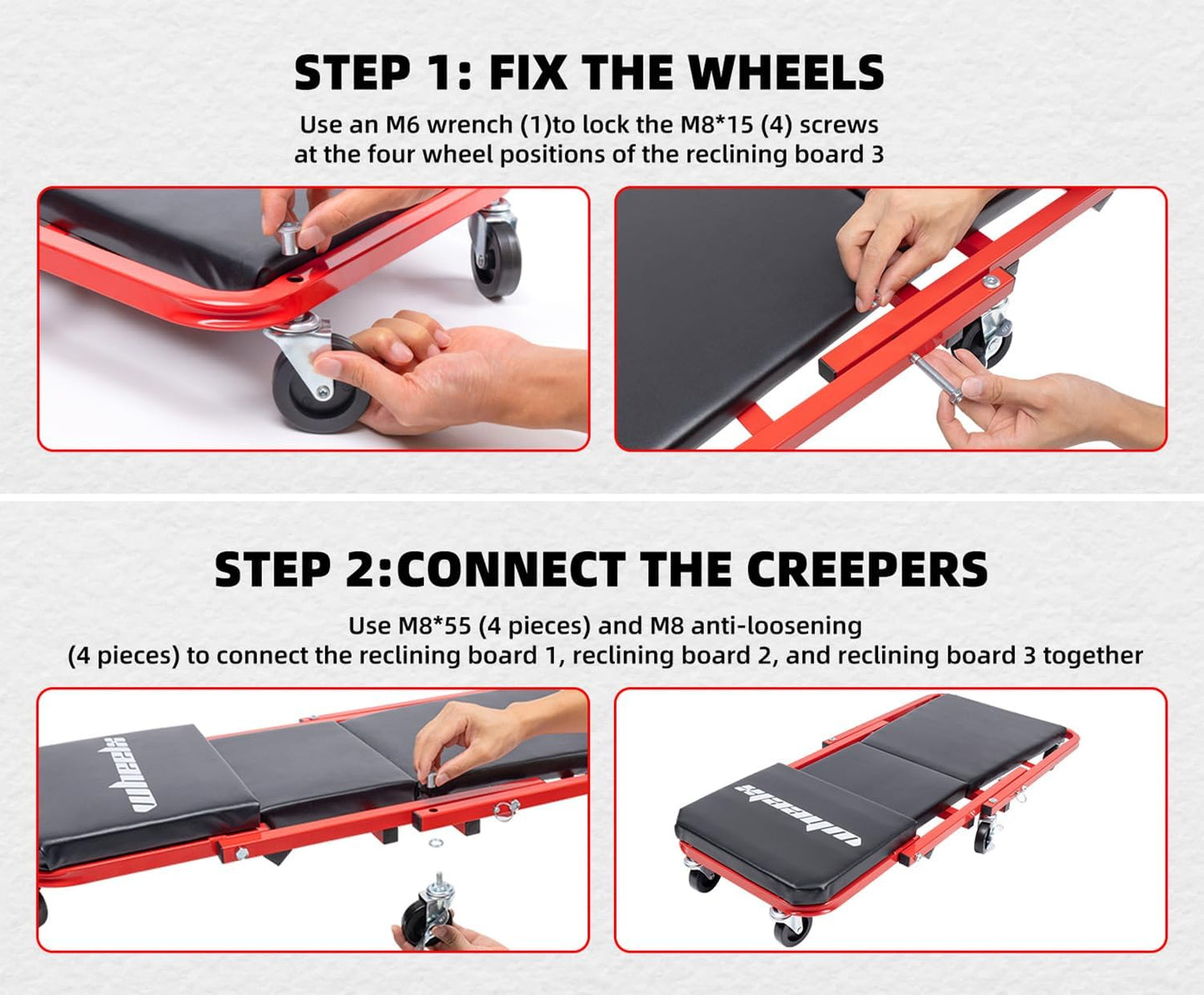 Mechanic Creeper 36 Inches 2-in-1 Z Seat with Brake, 340 lbs Capacity, Foldable Garage Chair Adjustable Rolling Folding with 6 pcs Wheels Roller, Lay Down or Sit Under Car Auto Repair Red Black