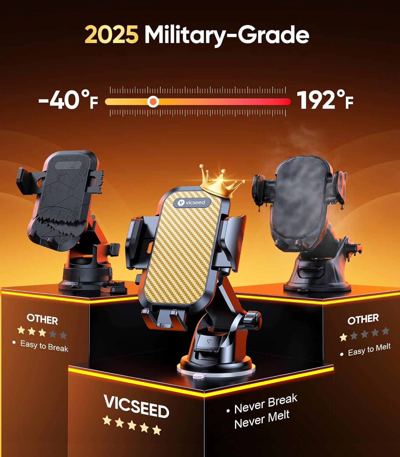 VICSEED Gold Phone Holders for Your Car, [True Military-Grade Strongest Suction Power], 3-in-1 Dashboard Windshield Vent, Truck Boat Stand Cell Phone Mount for iPhone Android All Phones