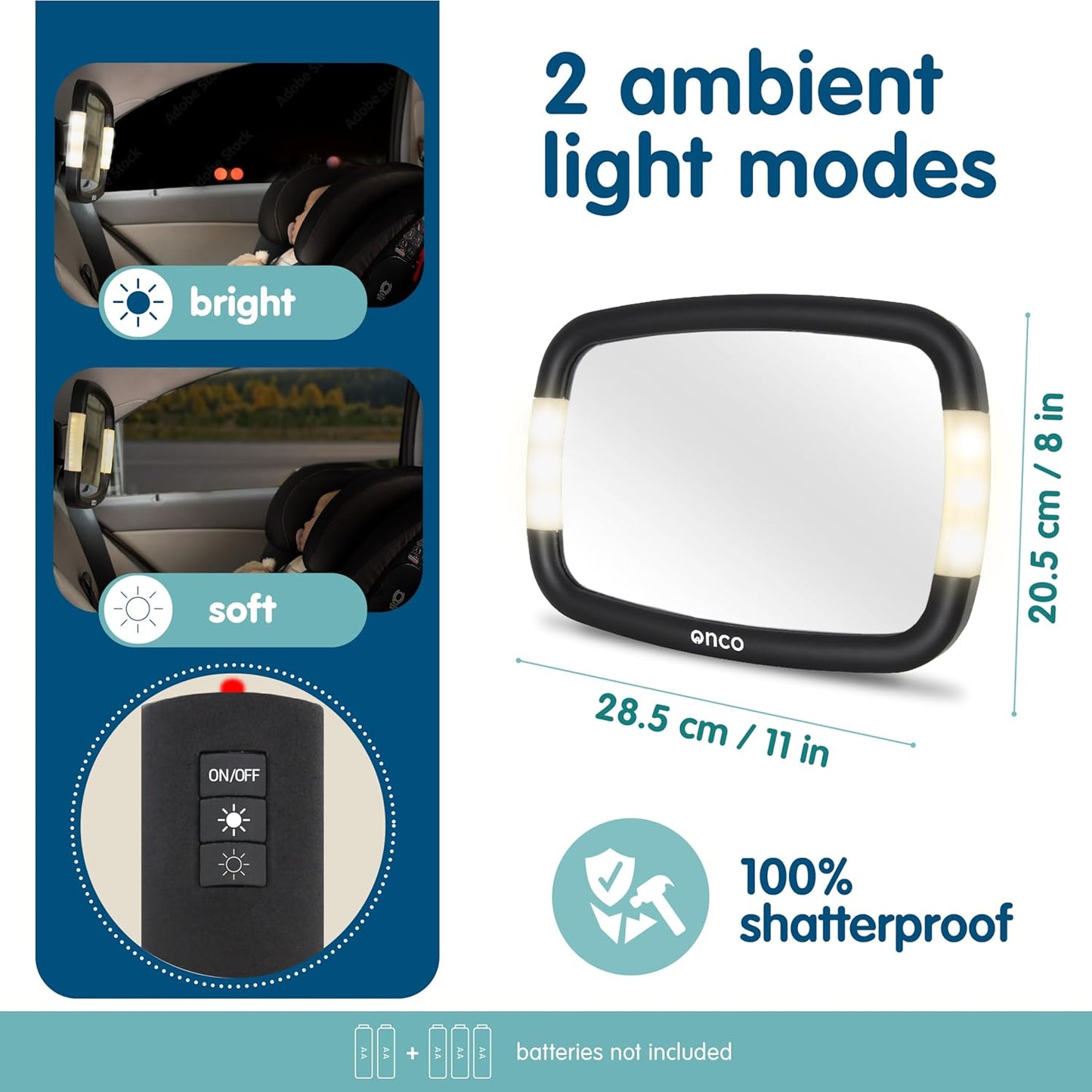 Onco LED Baby Car Mirror with Light - 2 Modes for Day & Night Driving, 100% Shatterproof & Shakeproof Car Mirror for Baby with 360° Rotation
