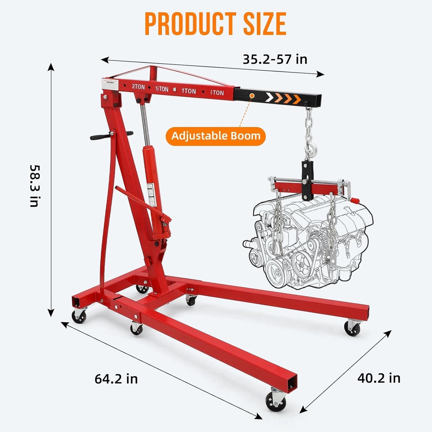 2 Ton Engine Hoist, Folding Cherry Picker Engine Hoist with Lever and 6 Casters, Heavy Duty Hydraulic Shop Crane, Engine Crane Lifter for Workshops Garage Warehouse, Red