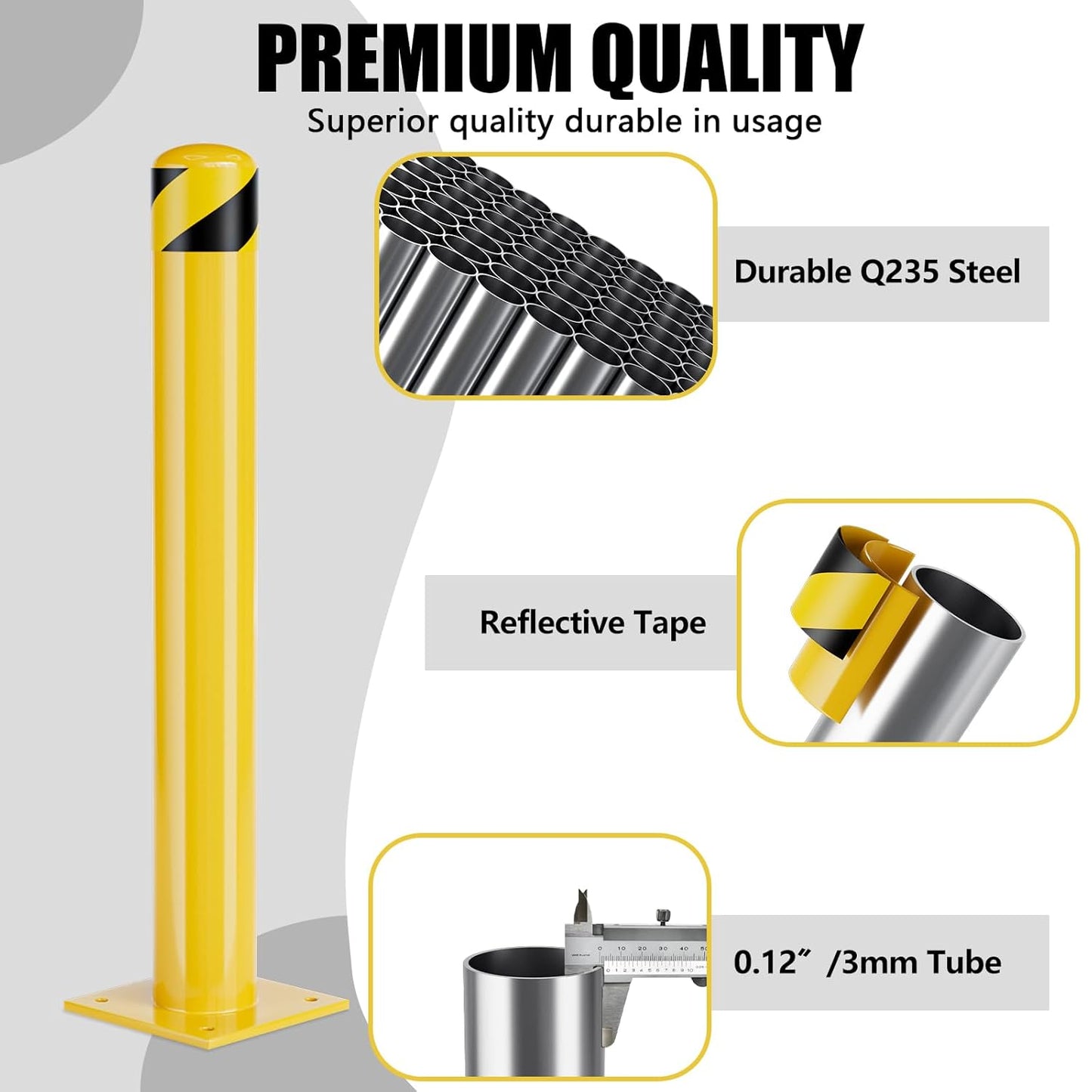 Safety Bollard Post, 48 Inch Height Steel Bollards, 4.5 Inch Diameter Parking Bollard, Yellow Powder Coated Safety Parking Barrier Post, for Traffic Sensitive Areas,3P