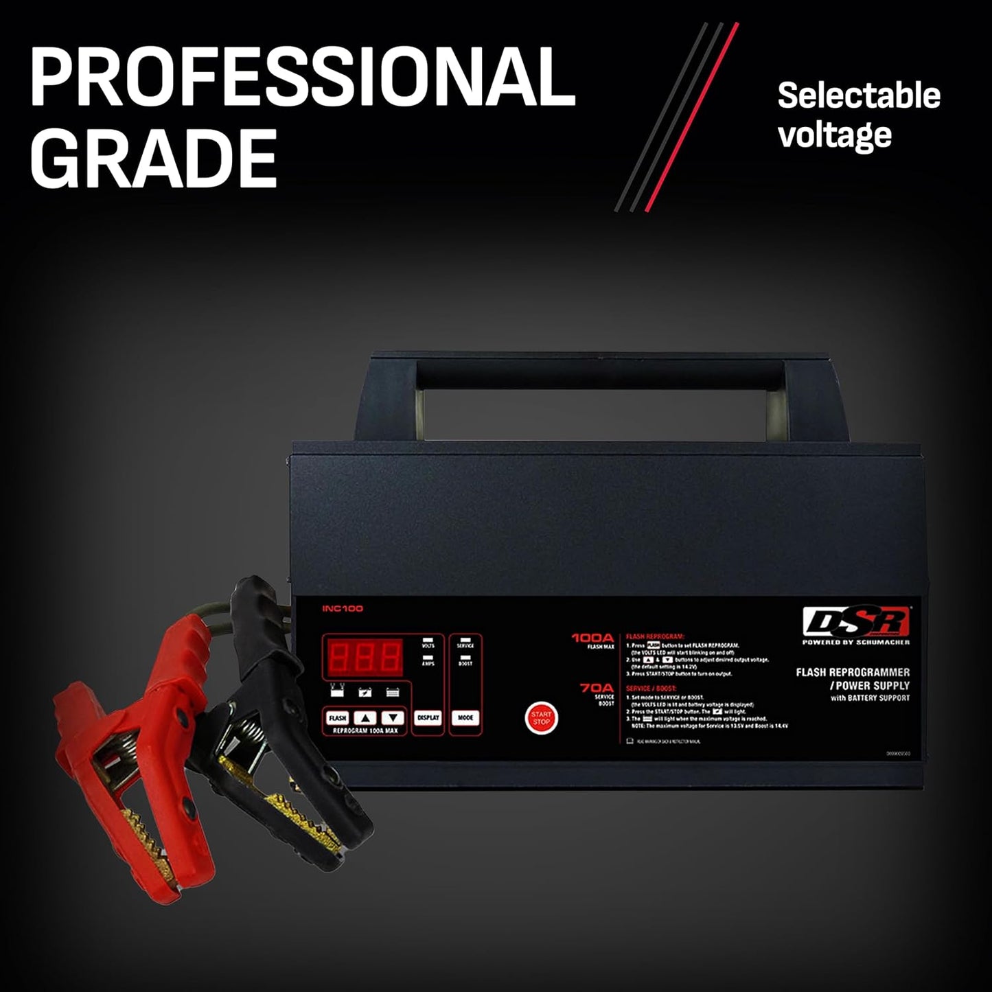 Schumacher Electric 100A Car Battery Charger and Power Supply, DSR Professional Grade, Service Mode, Flash Reprogram, Boost Charge, INC100, for 12V Automotive and Marine Batteries