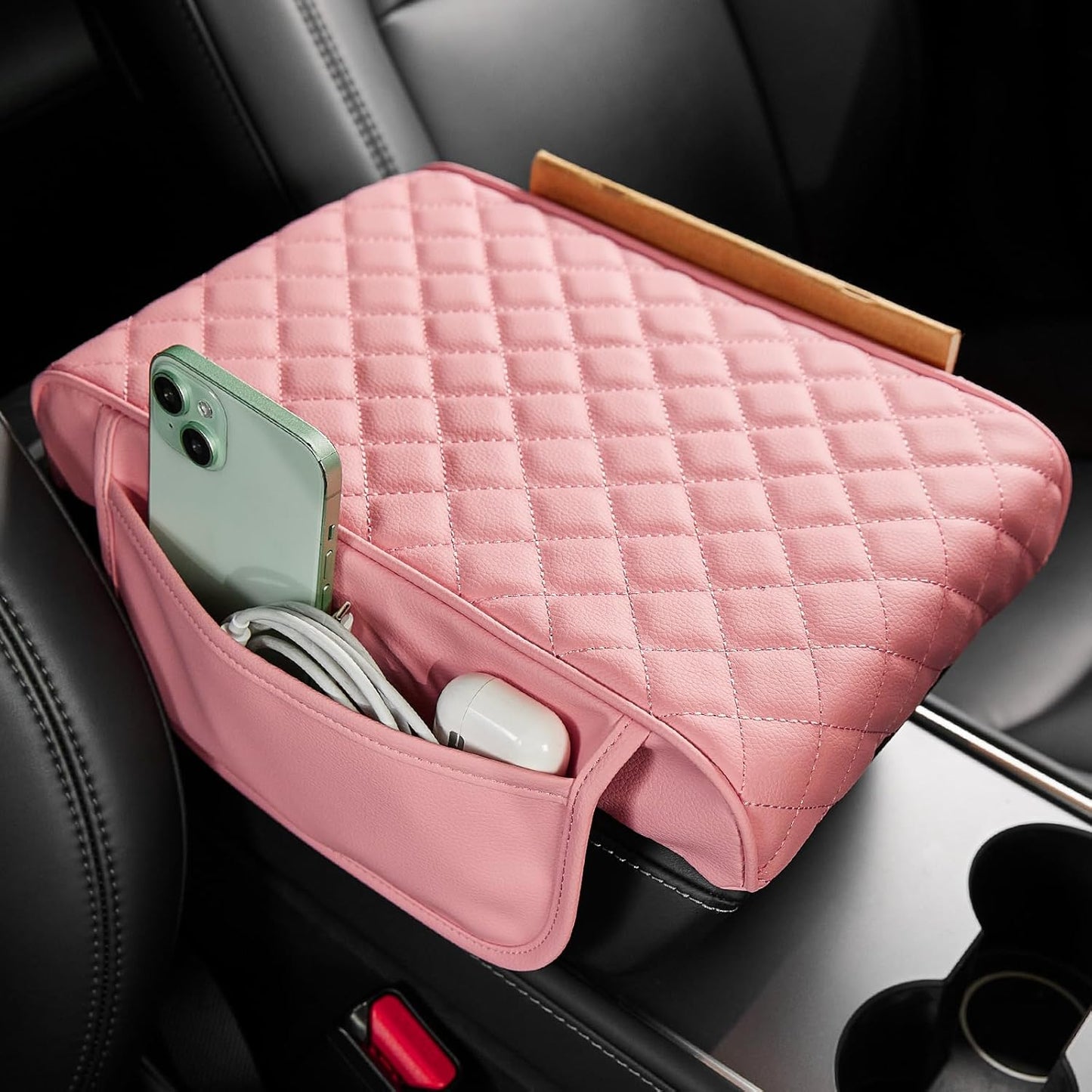 JOYTUTUS Pink Center Console Cover with Storage Bag for SUV Sedan, PU Leather Arm Rest Pad Middle Console Protector, ‎12.6" x 7.8" x 2.16"