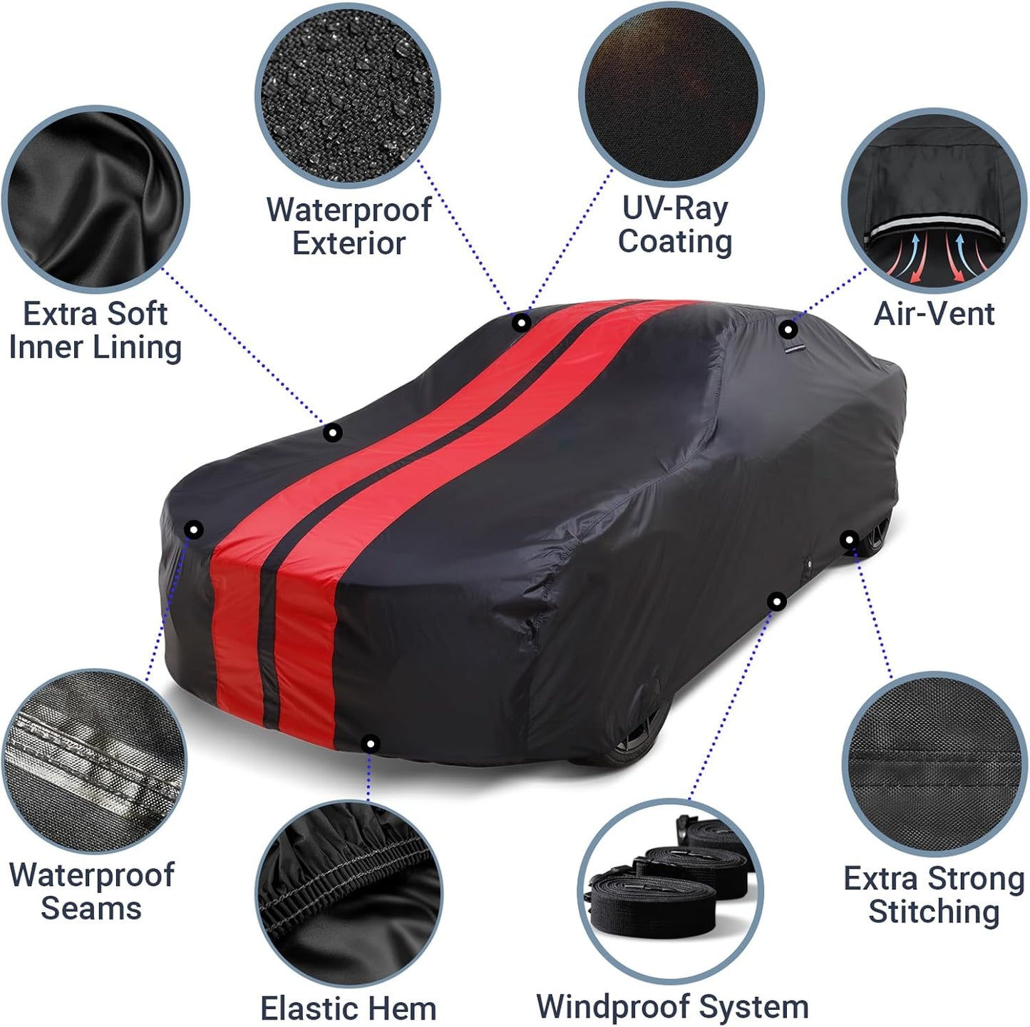 iCarCover Custom Car Cover for Chevy Nova 4-Door Sedan (1985-1988) Waterproof All Weather Rain Snow UV Sun Protector Full Exterior Indoor Outdoor Car Cover (Stripe - Black/Red)